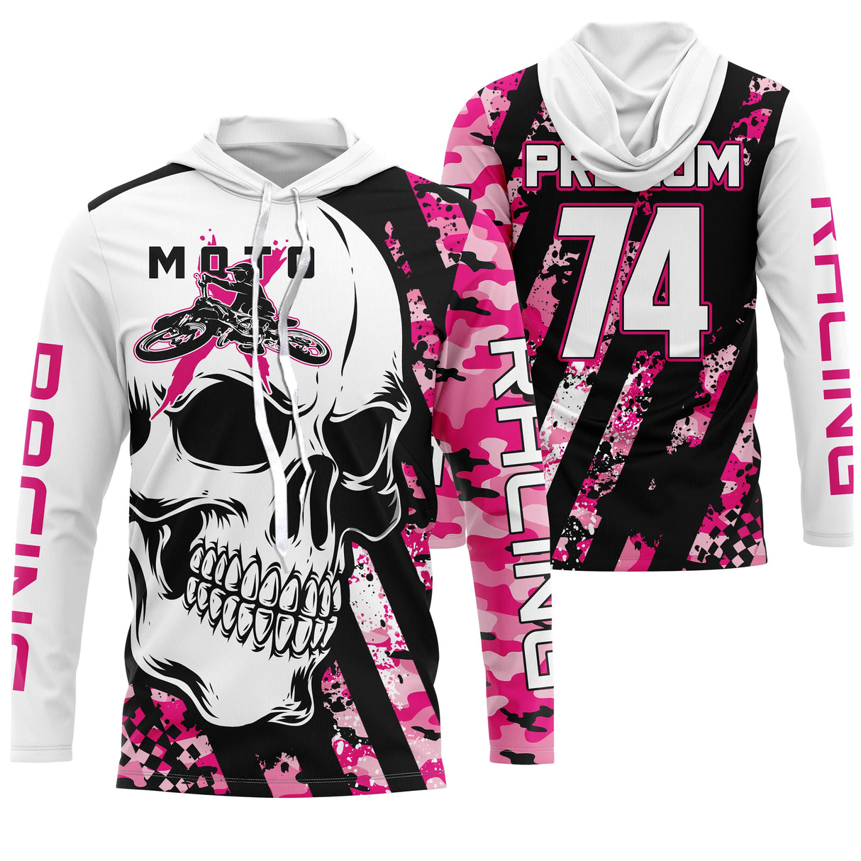 Anti-UV à capuche motocross rose vif crâne MX, design audacieux personnalisé pour pilote