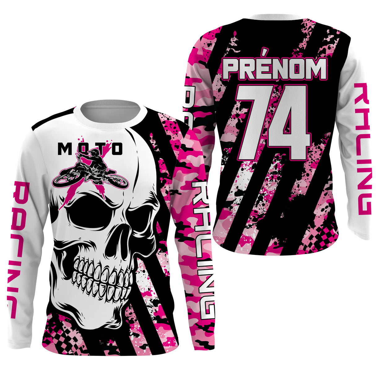 Anti-UV manches longues motocross rose camo crâne, tenue piste avec prénom et numéro pour pilote