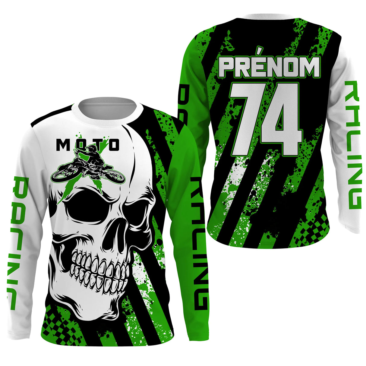 Maillot cross moto vert chartreuse vue dos design crâne MX numéro pilote personnalisable