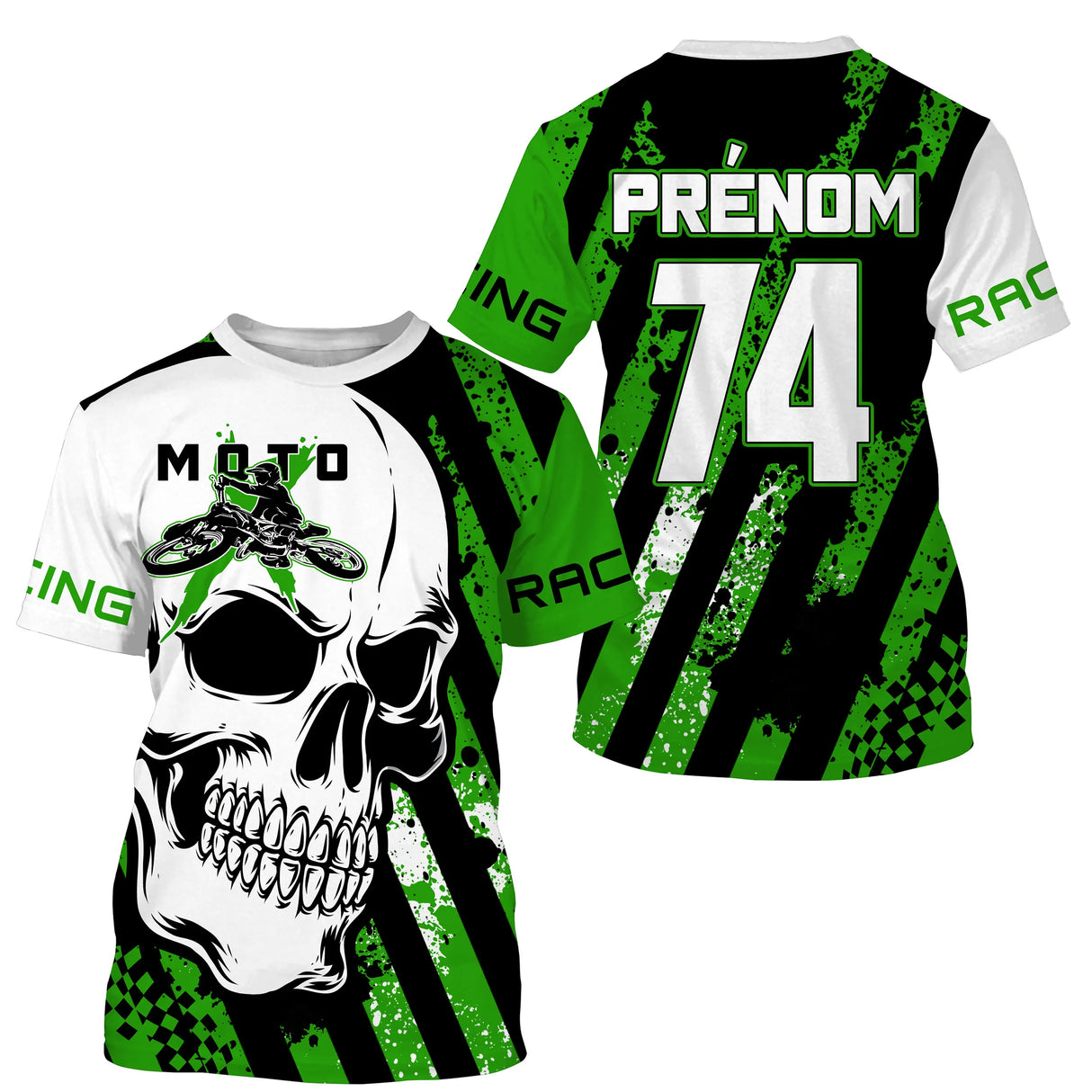 Maillot cross moto vert chartreuse noir crâne MX stylisé message PRÉNOM 74 RACING anti UV motocross dirt bike