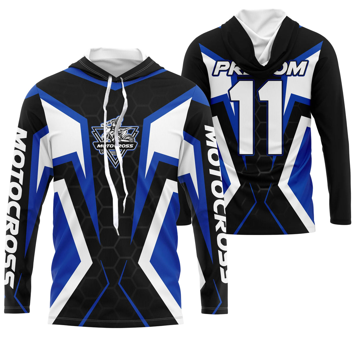Anti-UV à capuche motocross bleu hexagonal moderne, design dirt bike personnalisé pour pilote