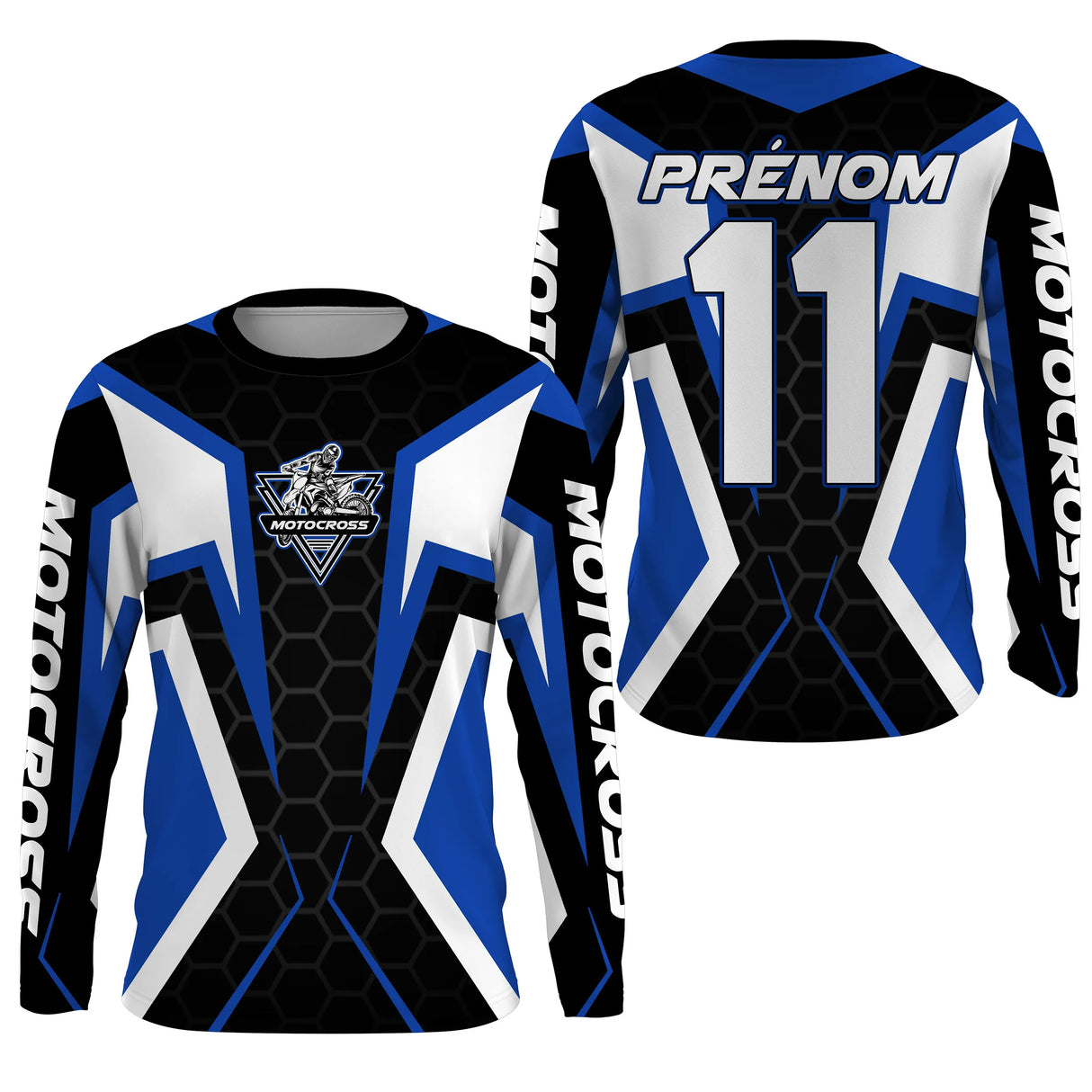 Anti-UV manches longues motocross bleu hexagonal, tenue piste avec prénom et numéro pour pilote