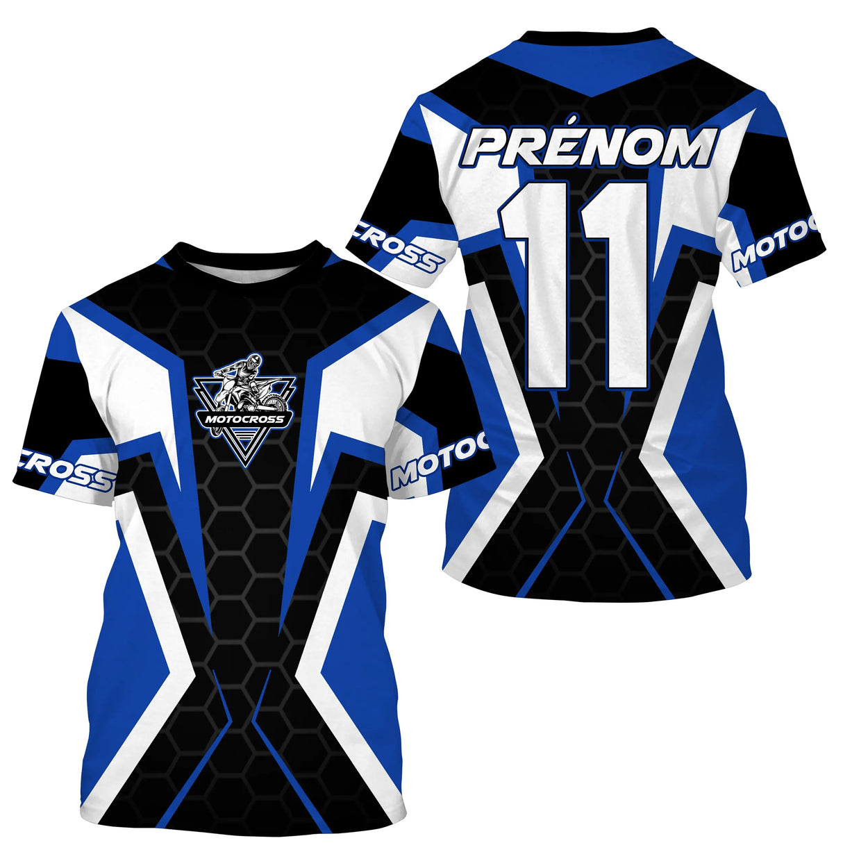 Maillot motocross bleu blanc noir hexagonal avec écusson MX et prénom numéro 11 imprimés, design moderne