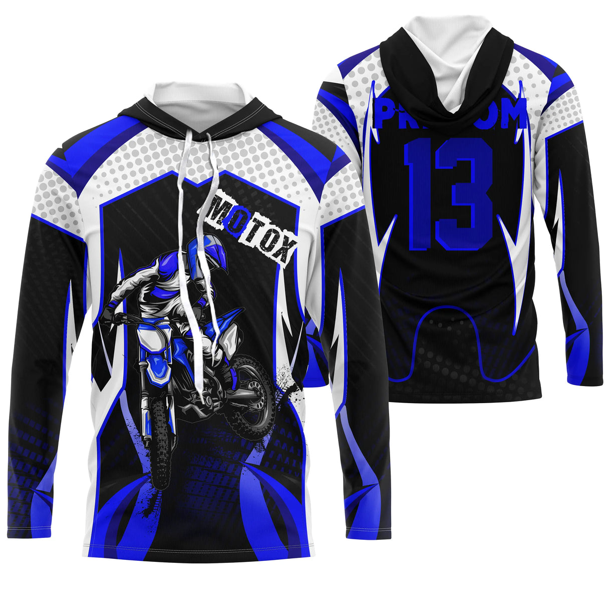 Anti-UV à capuche motocross bleu damier photo, design dirt bike ultra personnalisé pour pilote