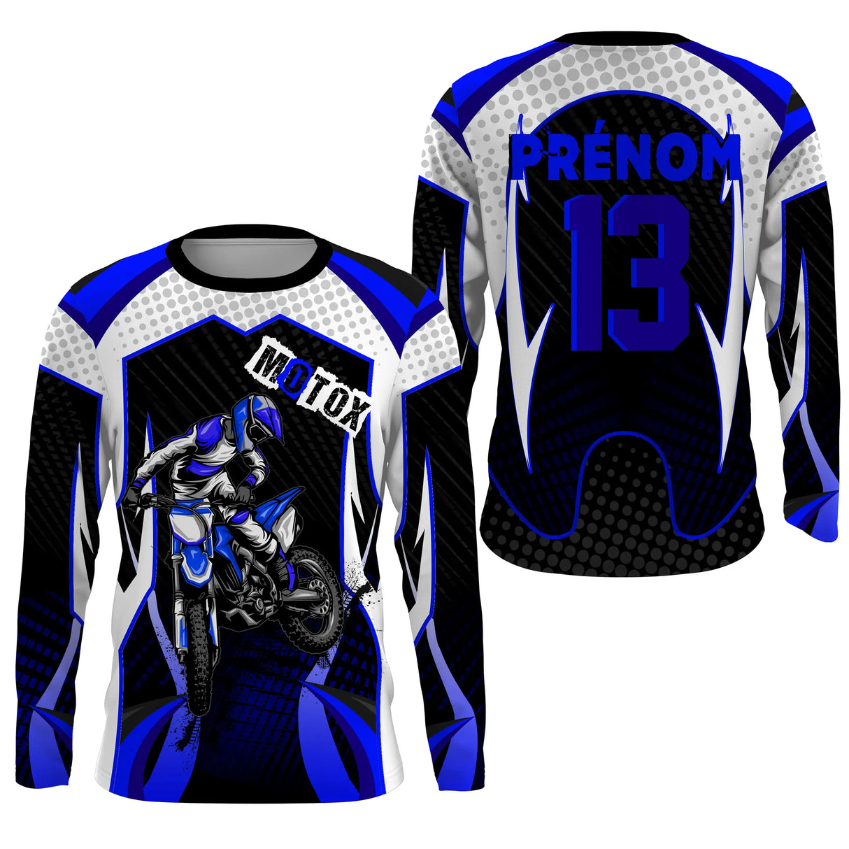 Anti-UV manches longues motocross bleu damier, tenue piste avec prénom numéro et photo personnels