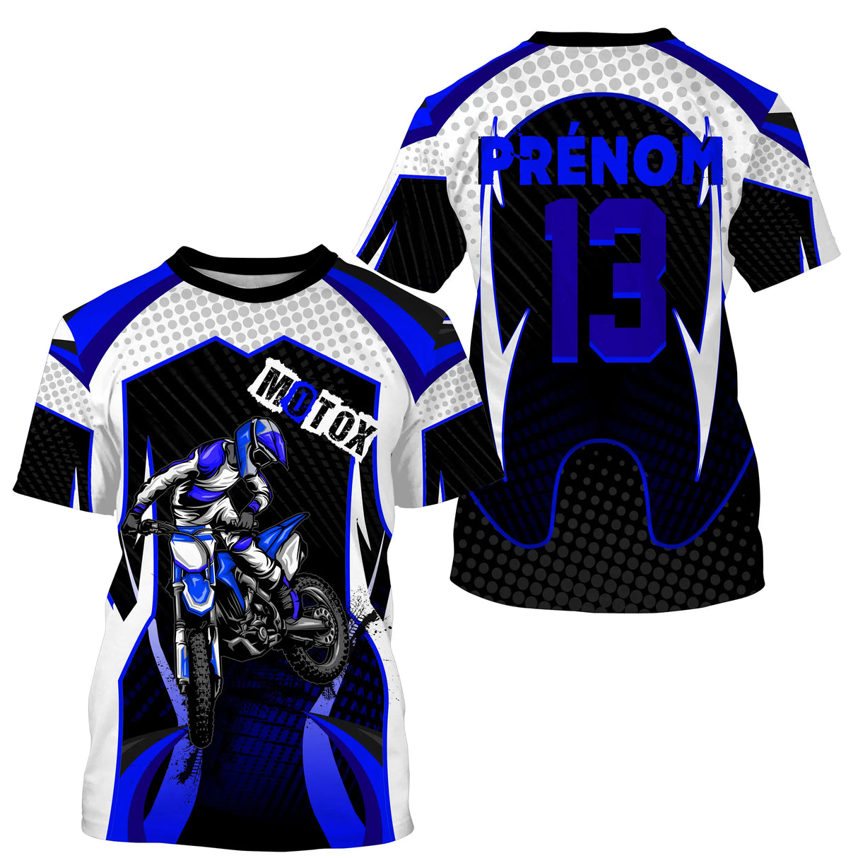 Maillot motocross bleu damier hexagonal avec motard et prénom numéro 13, photo personnalisable intégrée