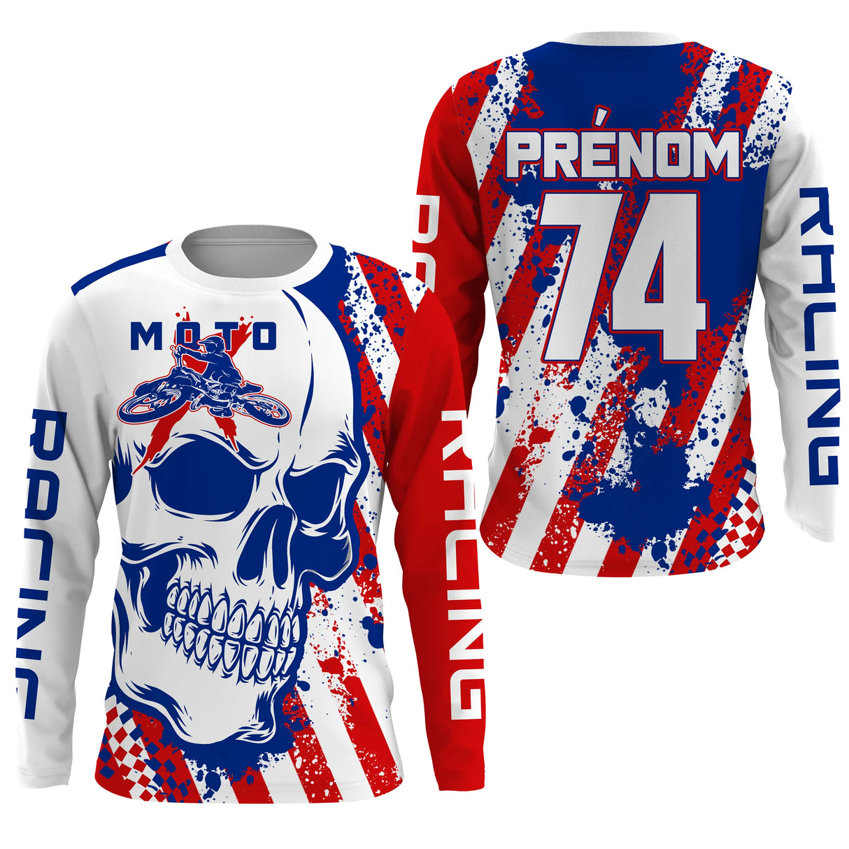 Anti-UV manches longues motocross France crâne blanc tricolore, tenue piste avec prénom et numéro