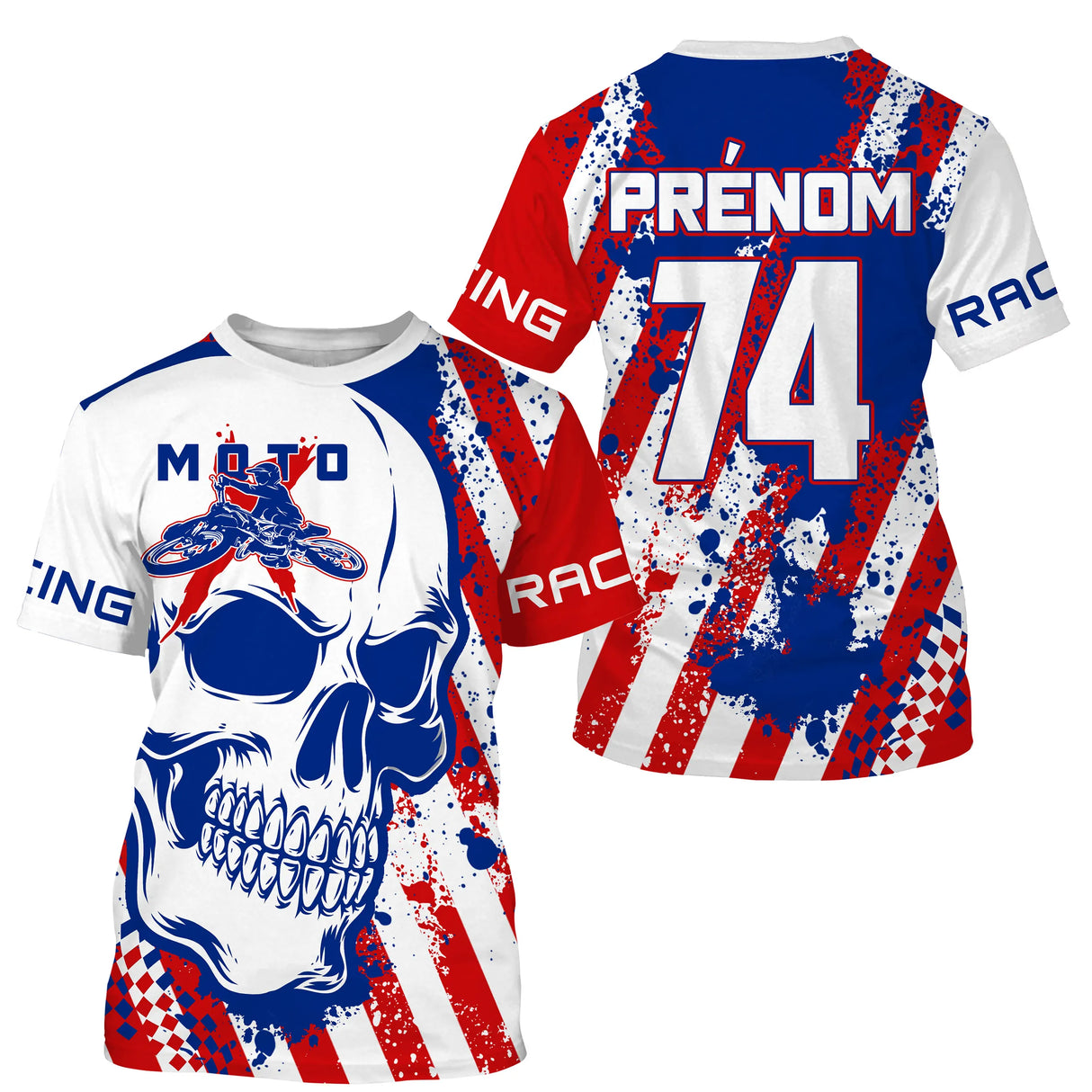 Maillot motocross France blanc avec grand crâne dessiné et drapeau tricolore, prénom numéro 74 imprimés