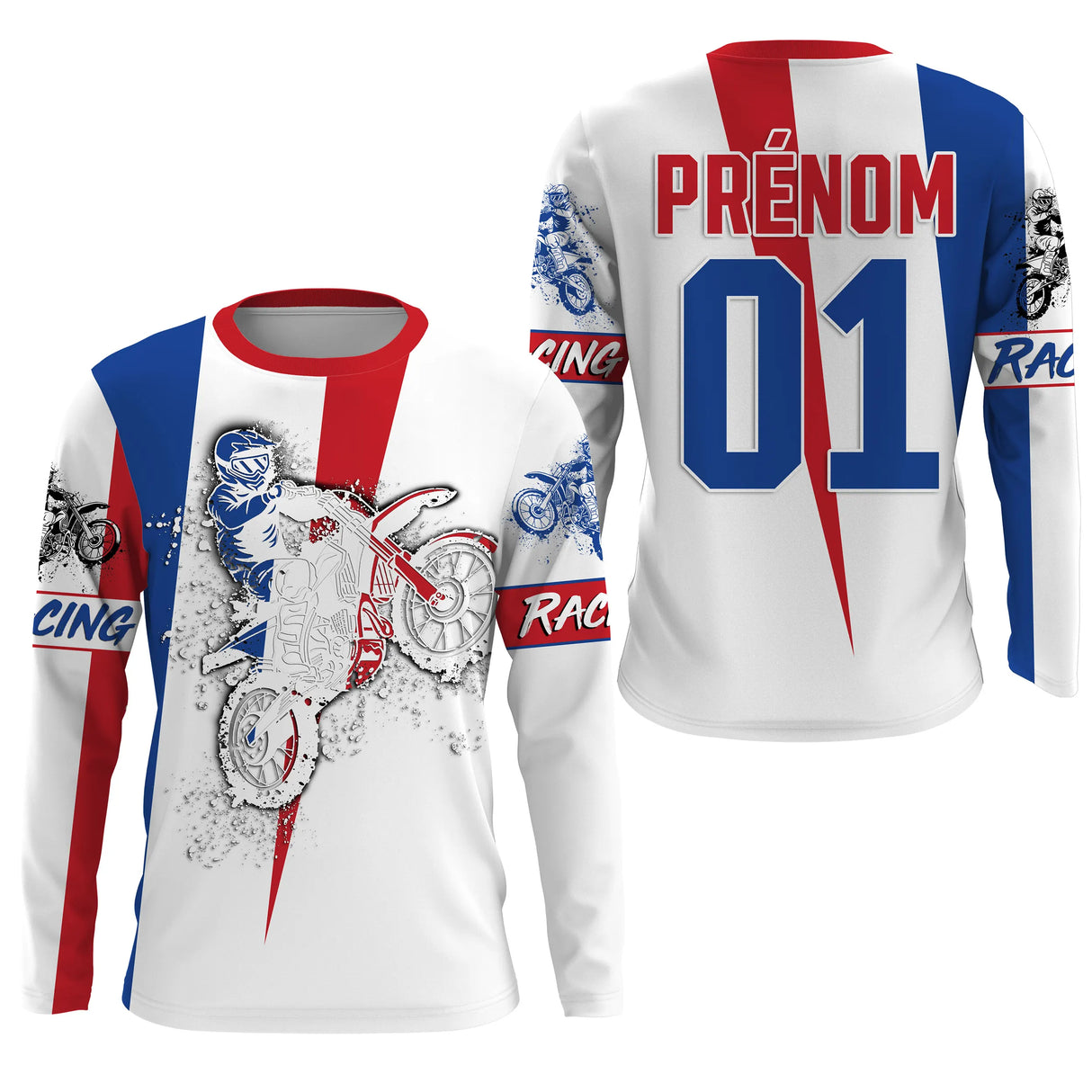 Anti-UV manches longues motocross France tricolore Racing, tenue piste avec prénom et numéro