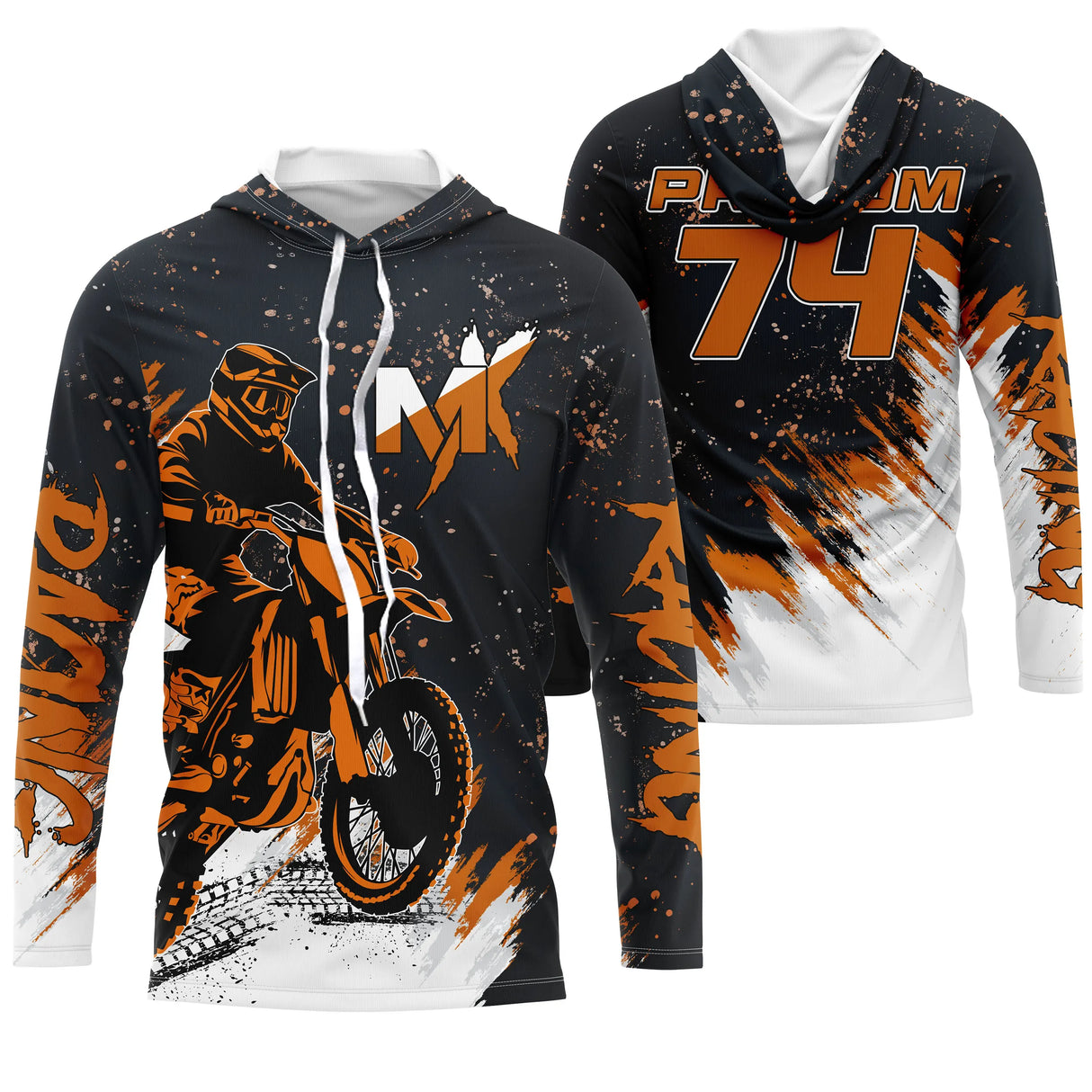 Anti-UV à capuche motocross noir orange, design dirt bike Racing personnalisé pour compétiteur