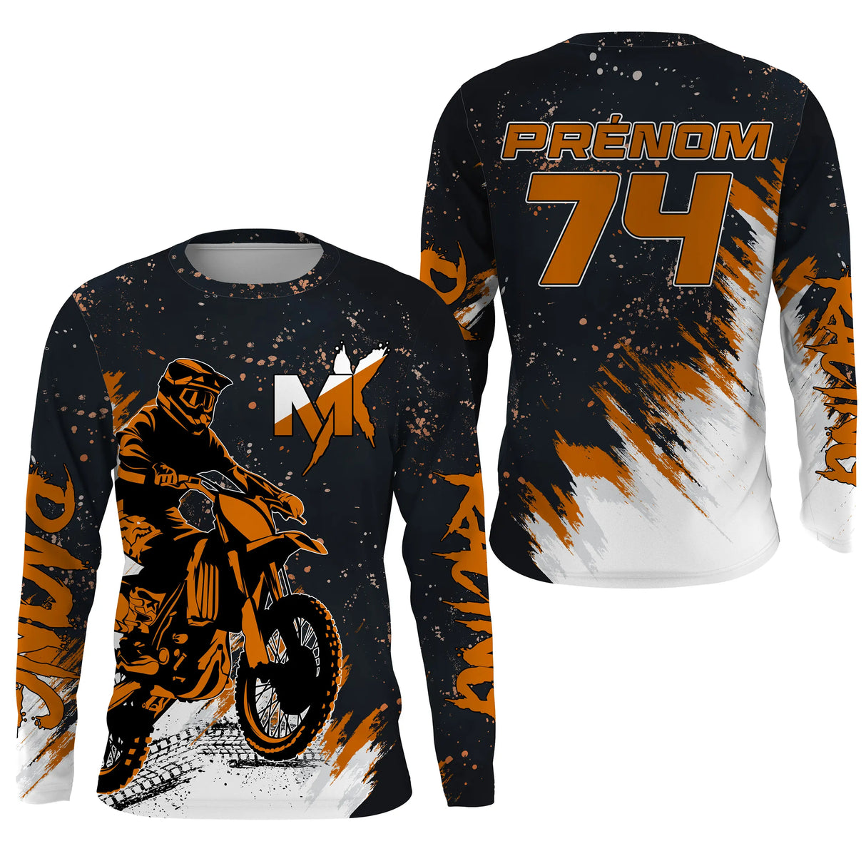 Anti-UV manches longues motocross noir orange Racing, tenue piste avec prénom et numéro pour pilote