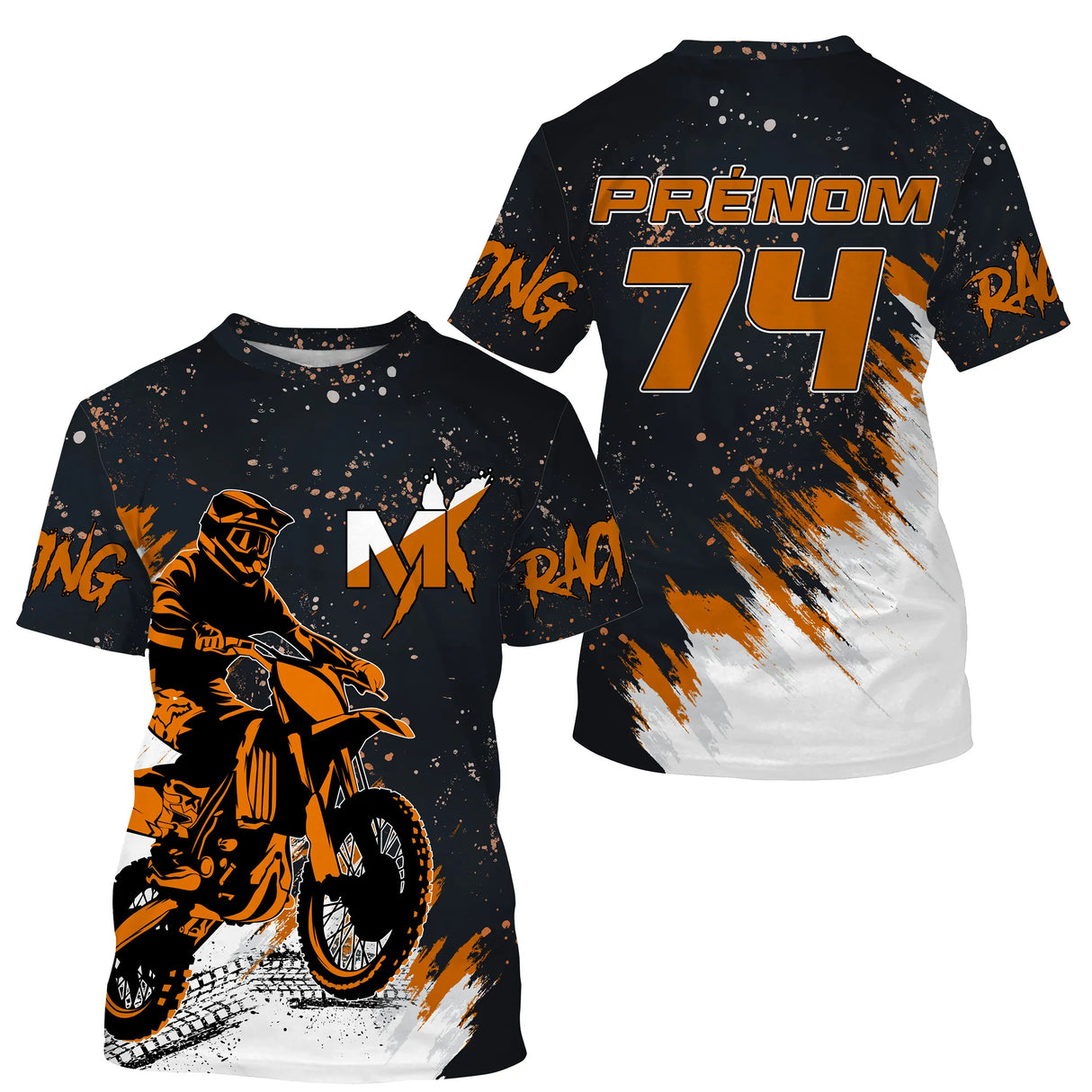 Maillot motocross noir orange Racing avec motard MX et lettrage Racing, prénom numéro 74 imprimés