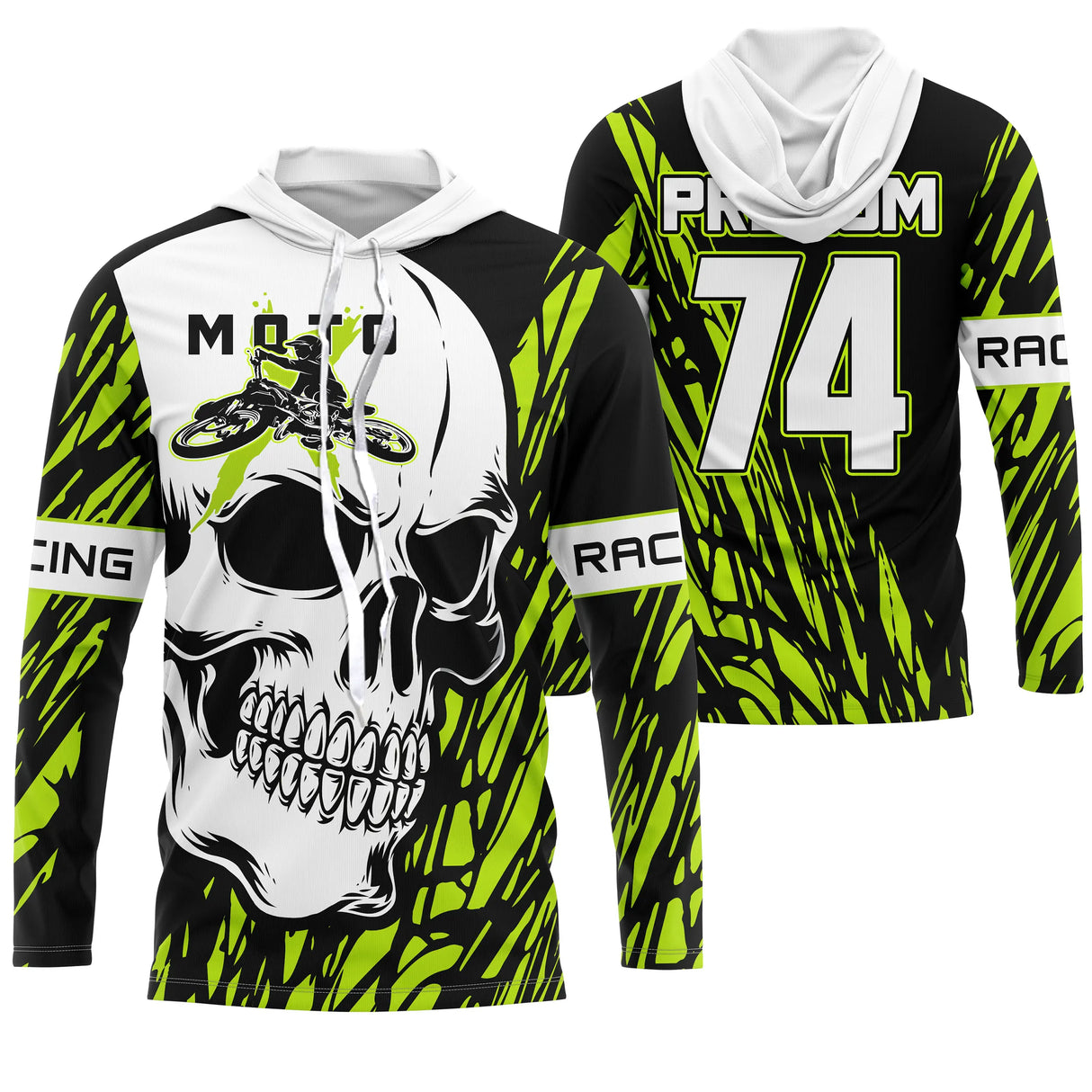 Sweat motocross blanc vert lime avec grand crâne au casque MX et éclats dynamiques, prénom numéro 74