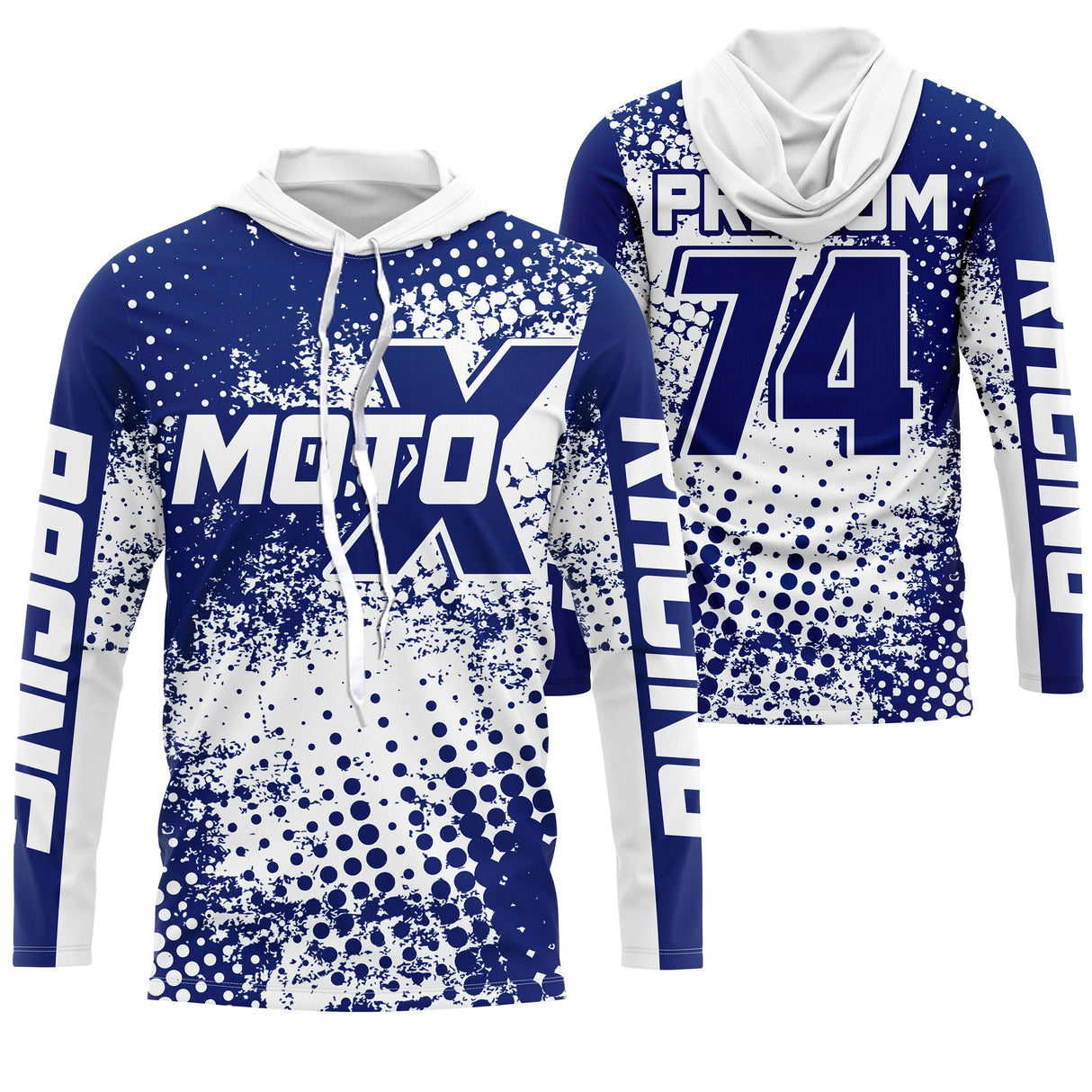 Sweat motocross Moto X bleu vif électrique avec lettrage Racing, prénom numéro 74 imprimés