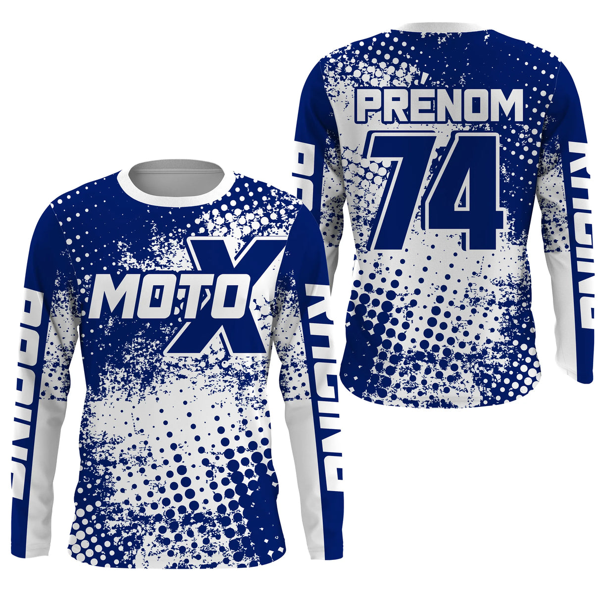 Anti-UV manches longues sweat motocross Moto X bleu, tenue piste avec prénom et numéro pour pilote