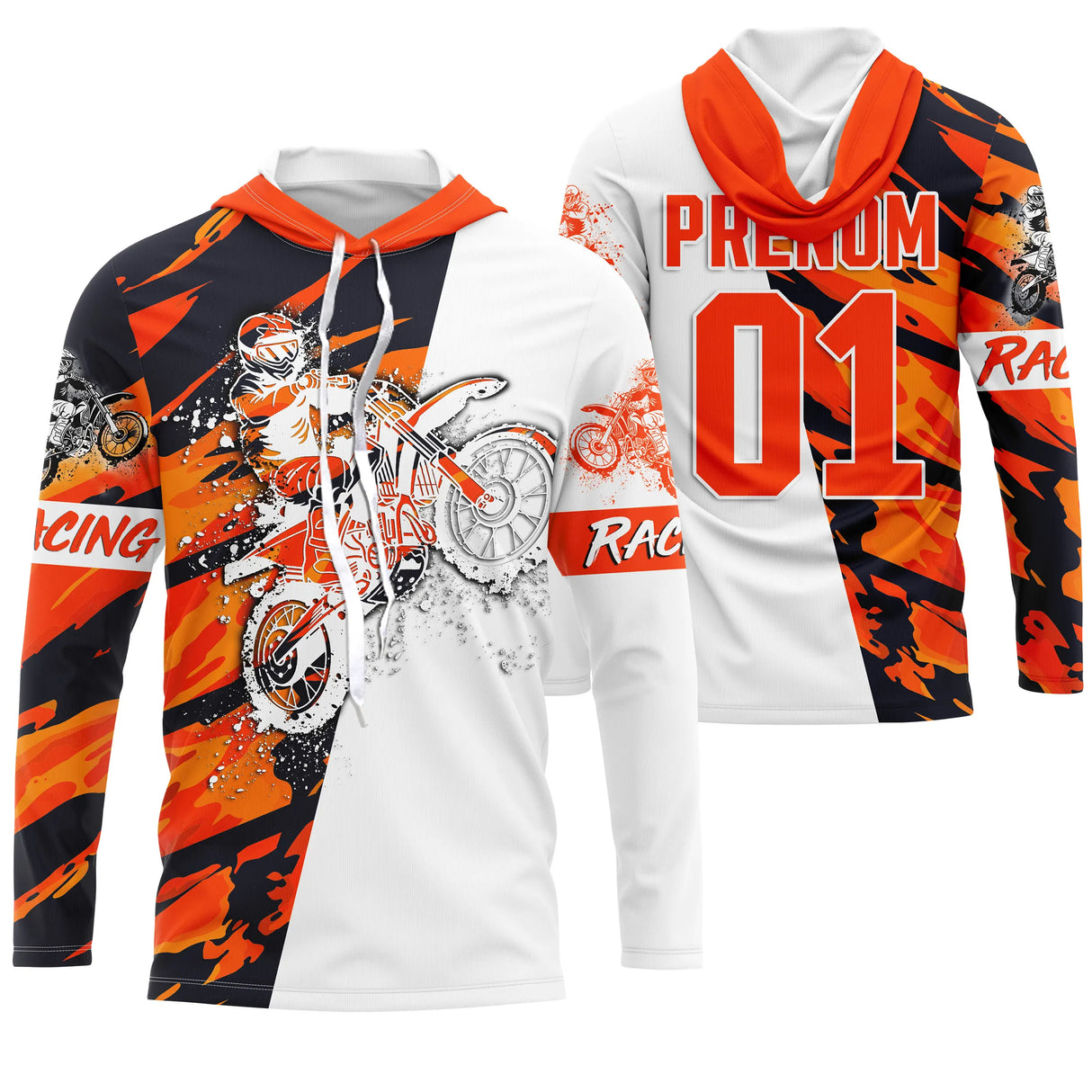 Sweat motocross blanc orange Racing avec moto sketch et lettrage Racing, prénom numéro 01 imprimés