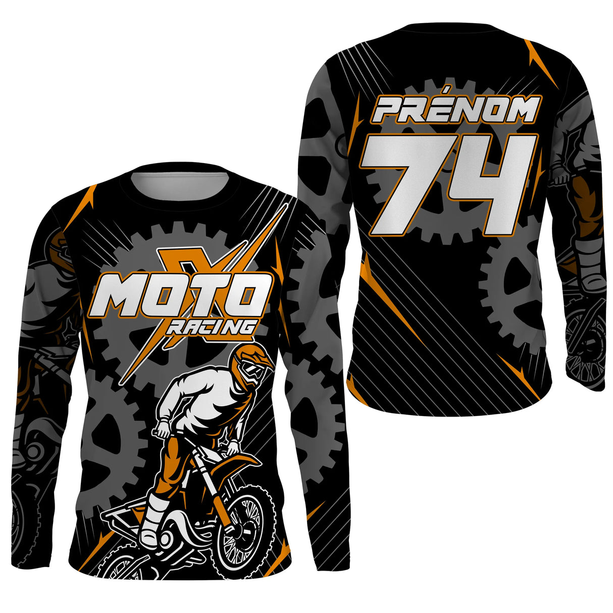 Anti-UV manches longues maillot motocross orange noir, design dirt bike mécanique personnalisé