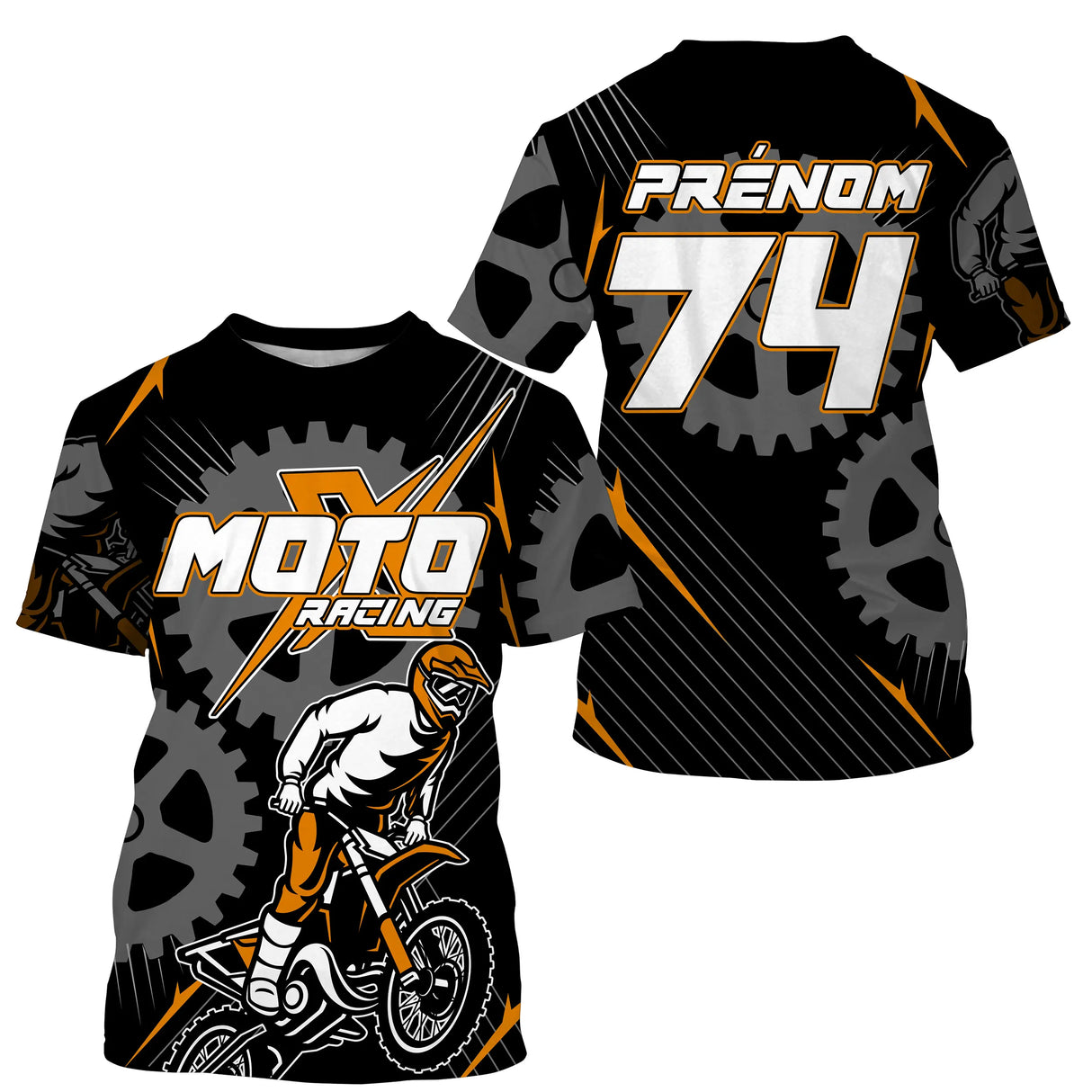 Anti-UV à capuche maillot motocross orange noir, lettrage Moto Racing chaîne et numéro de course personnalisé