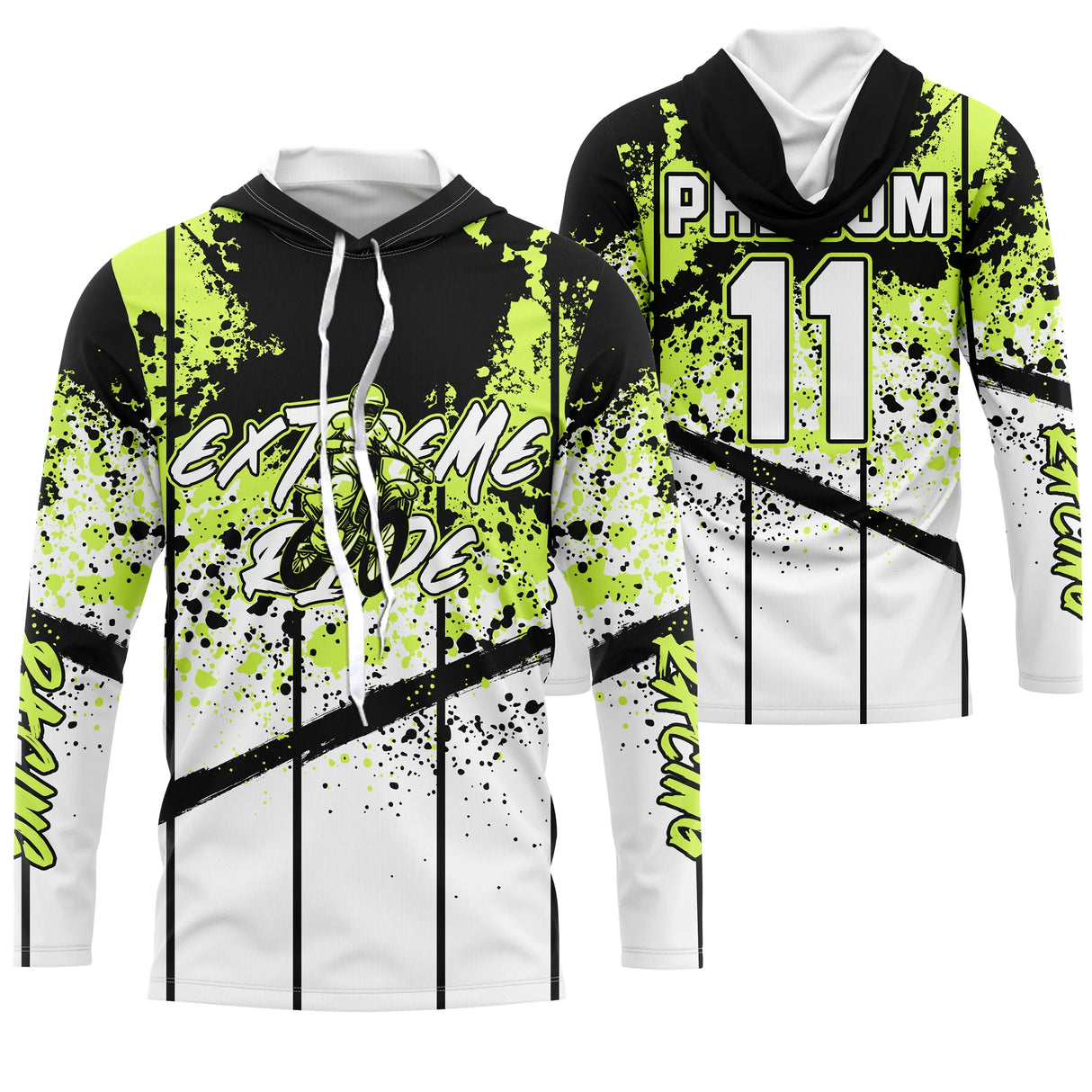 Maillot motocross blanc noir vert citron avec éclats de peinture et lettrage Extreme Racing, prénom et numéro 11 imprimés