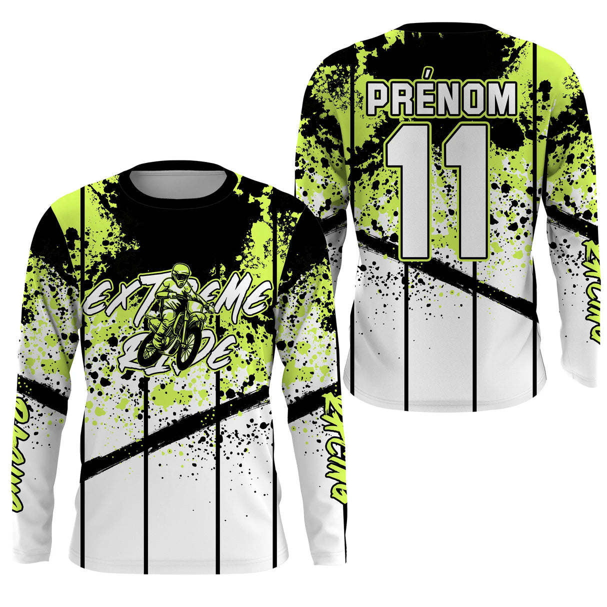 Anti-UV manches longues maillot motocross vert citron noir, design dirt bike fluo personnalisé