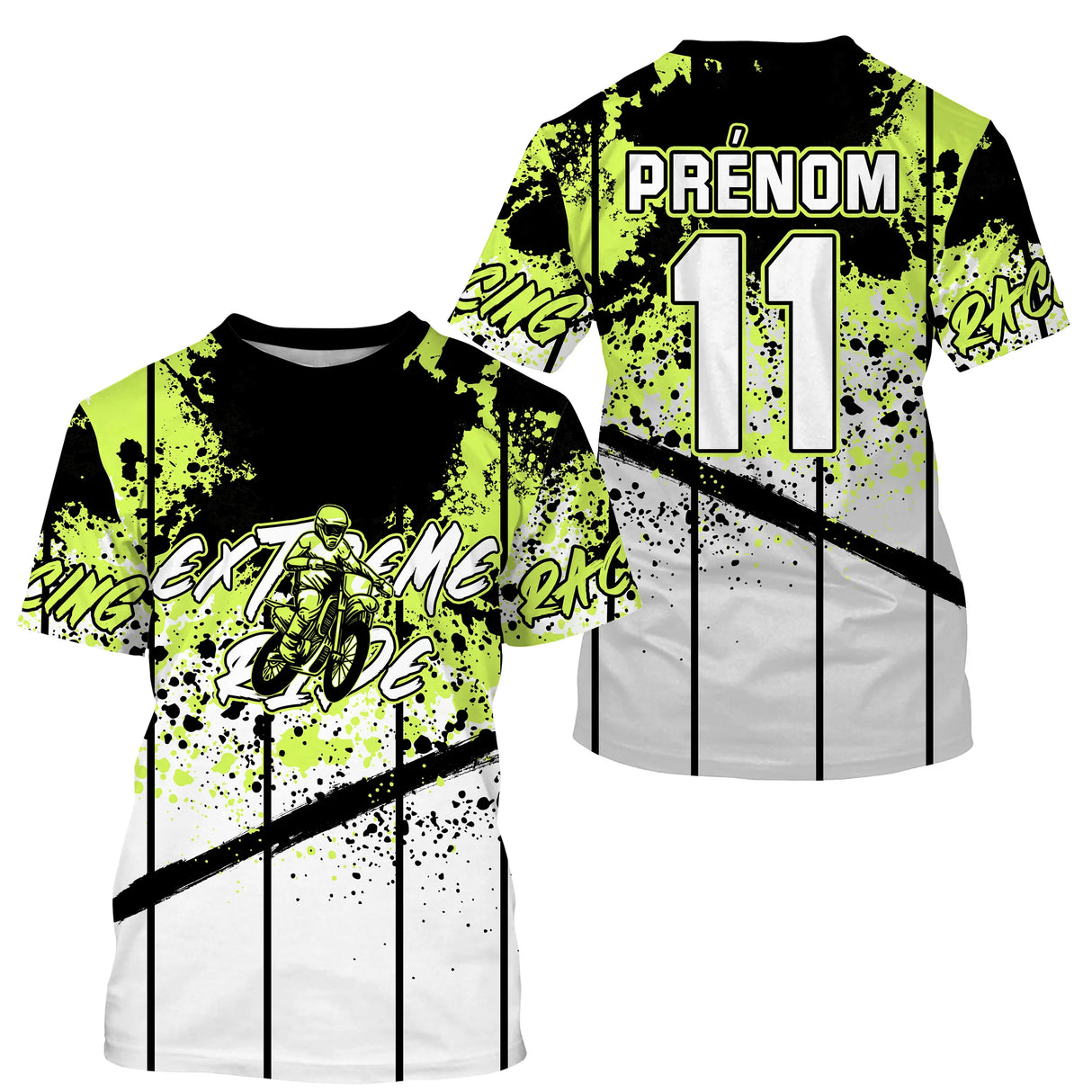 Anti-UV à capuche maillot motocross vert citron, lettrage Extreme Racing et numéro de course personnalisé