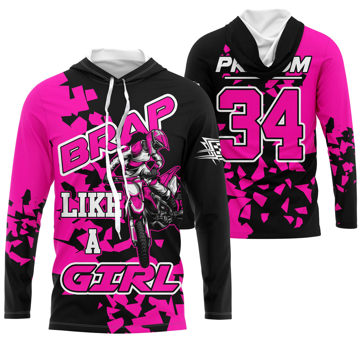 Maillot motocross rose noir avec silhouette pilote féminine et slogan Brap like a girl, prénom et numéro 34 imprimés