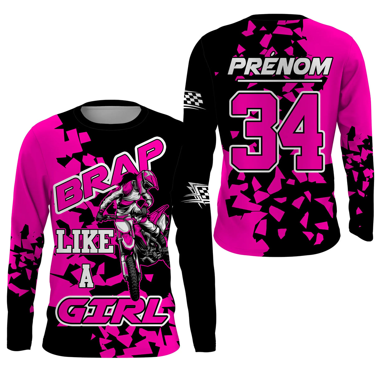 Anti-UV manches longues maillot motocross rose Brap girl, design dirt bike féminin personnalisé