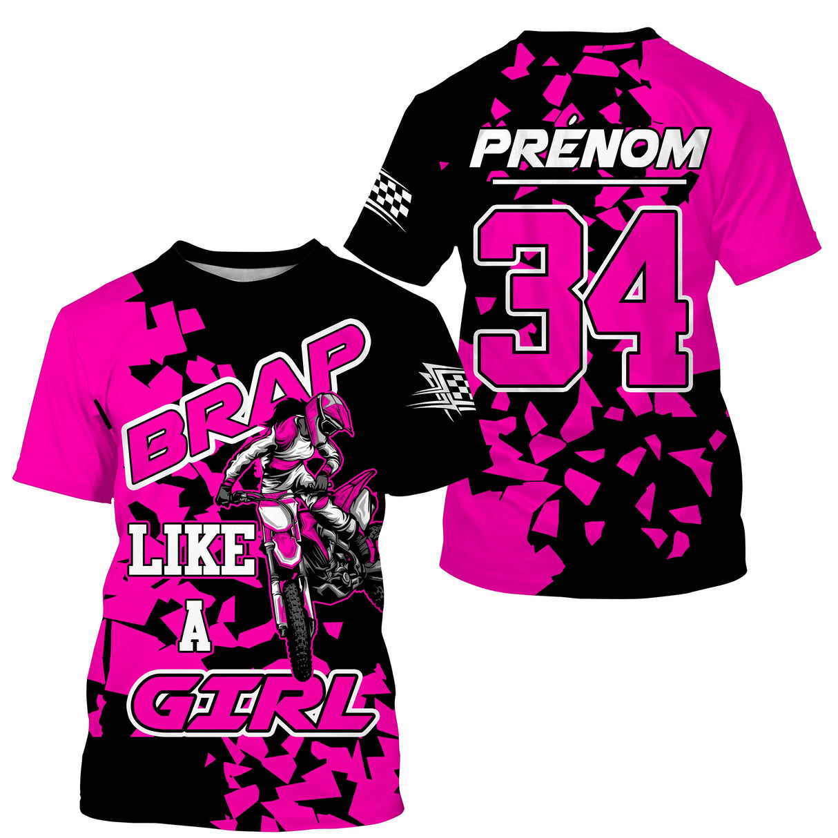 Anti-UV à capuche maillot motocross rose, slogan Brap like a girl et numéro de course personnalisé