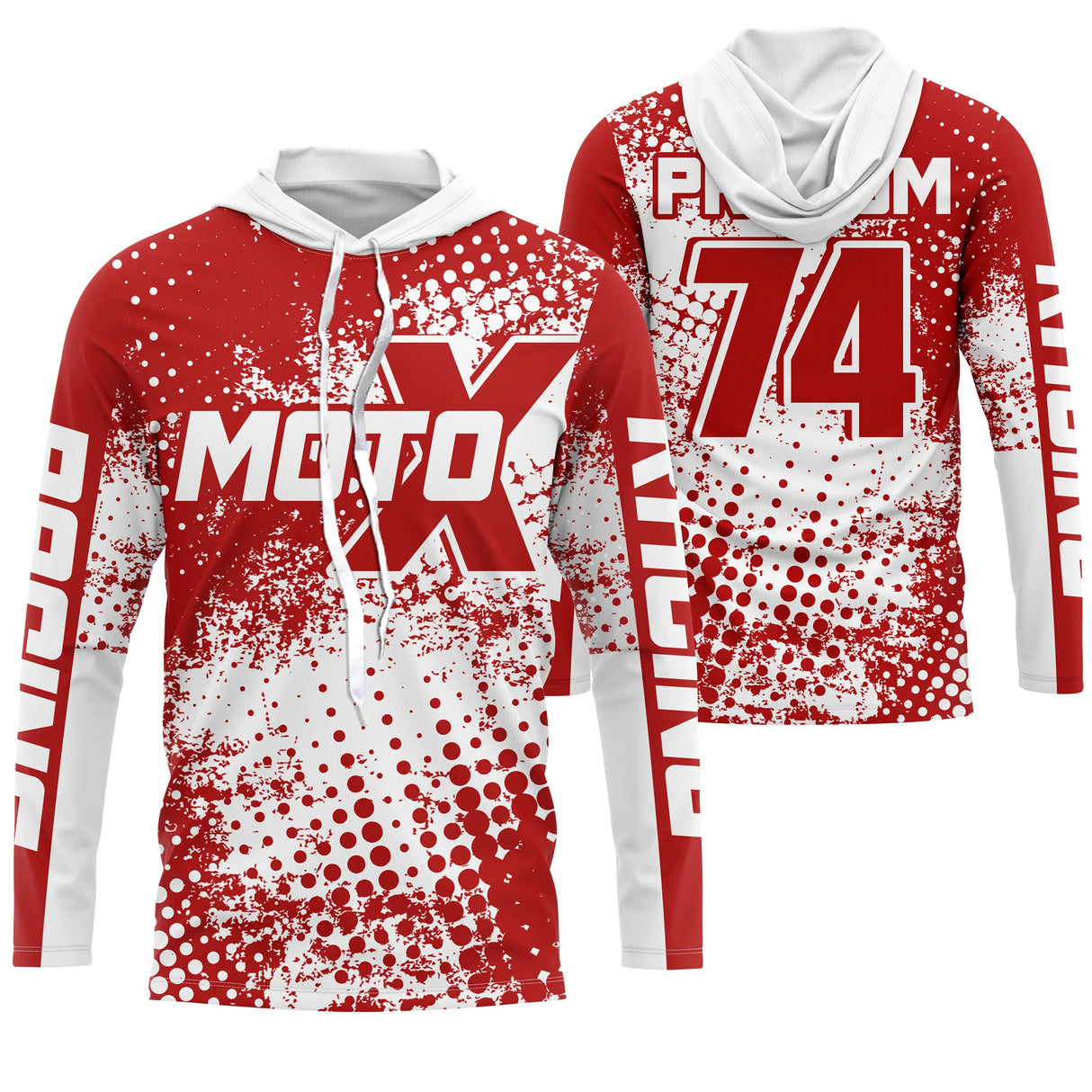 Maillot motocross rouge blanc avec éclats halftone et lettrage Moto X Racing, prénom et numéro 74 imprimés