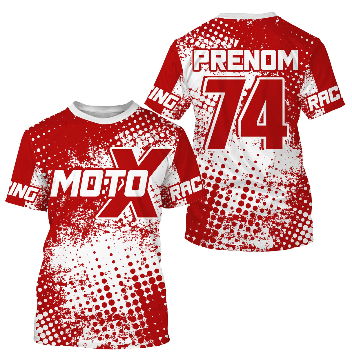 Anti-UV à capuche maillot motocross rouge blanc, motif halftone MotoX Racing et numéro personnalisé