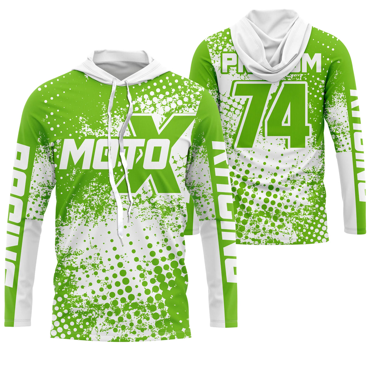 Maillot motocross vert pomme blanc avec éclats halftone et lettrage Moto X Racing, prénom numéro 74 imprimés