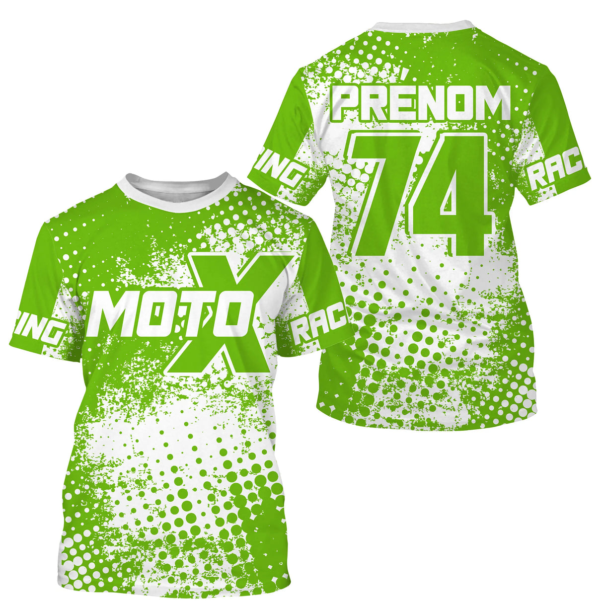 Anti-UV à capuche maillot motocross vert pomme blanc, motif halftone MotoX Racing et numéro personnalisé