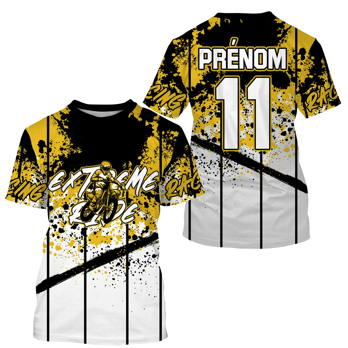 Anti-UV à capuche maillot motocross jaune noir, lettrage Extreme Racing et numéro de course personnalisé