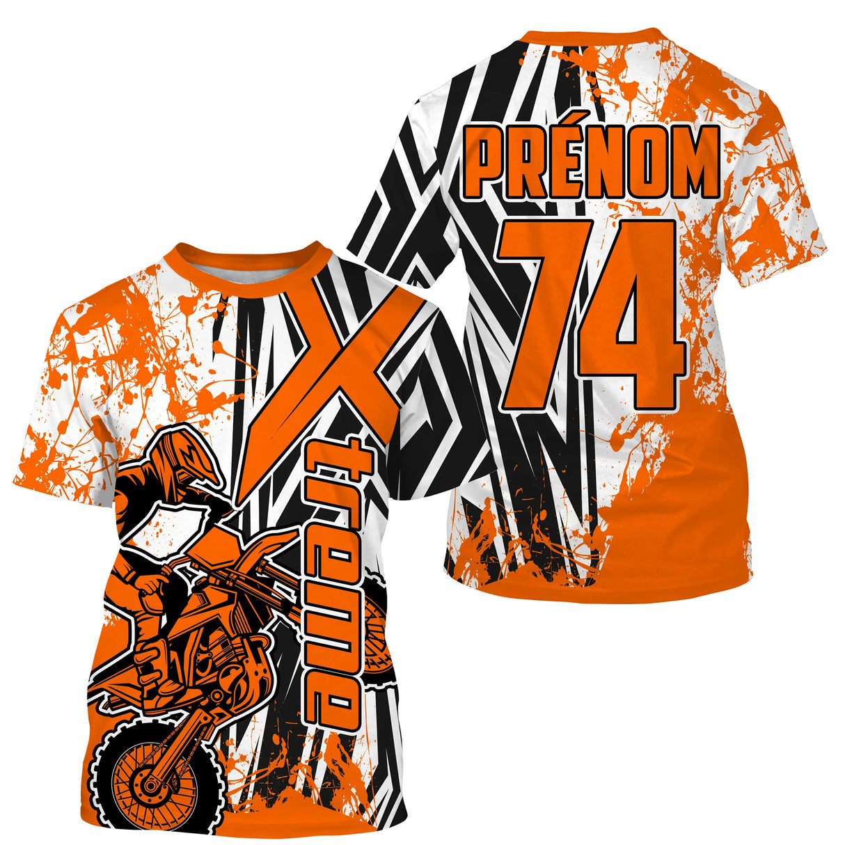 Anti-UV à capuche maillot motocross orange blanc, lettrage Xtreme et numéro de course personnalisé