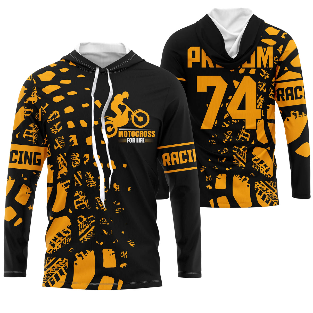 Maillot motocross jaune noir avec moto cross et lettrage Motocross For Life, prénom et numéro 74 imprimés