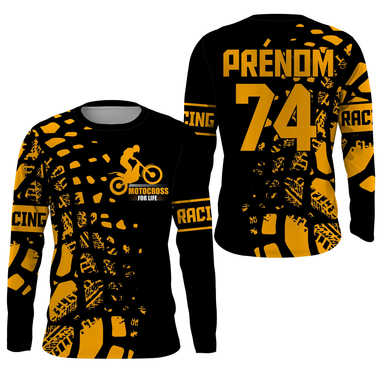 Anti-UV manches longues maillot motocross jaune noir For Life, design dirt bike passion personnalisé