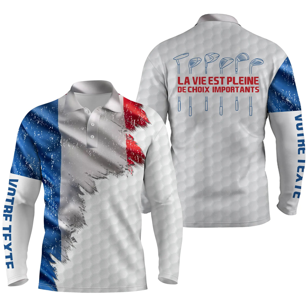 Polo manches longues golf unisexe blanc éclaboussure tricolore clubs alignés slogan La Vie Pleine Choix tissu respirant