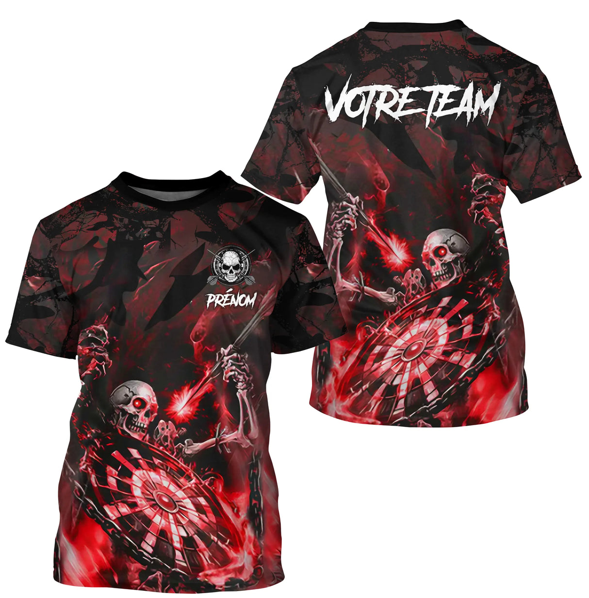 T-shirt darts personnalisé homme noir et rouge avec crânes gothiques et cibles de fléchettes enflammées