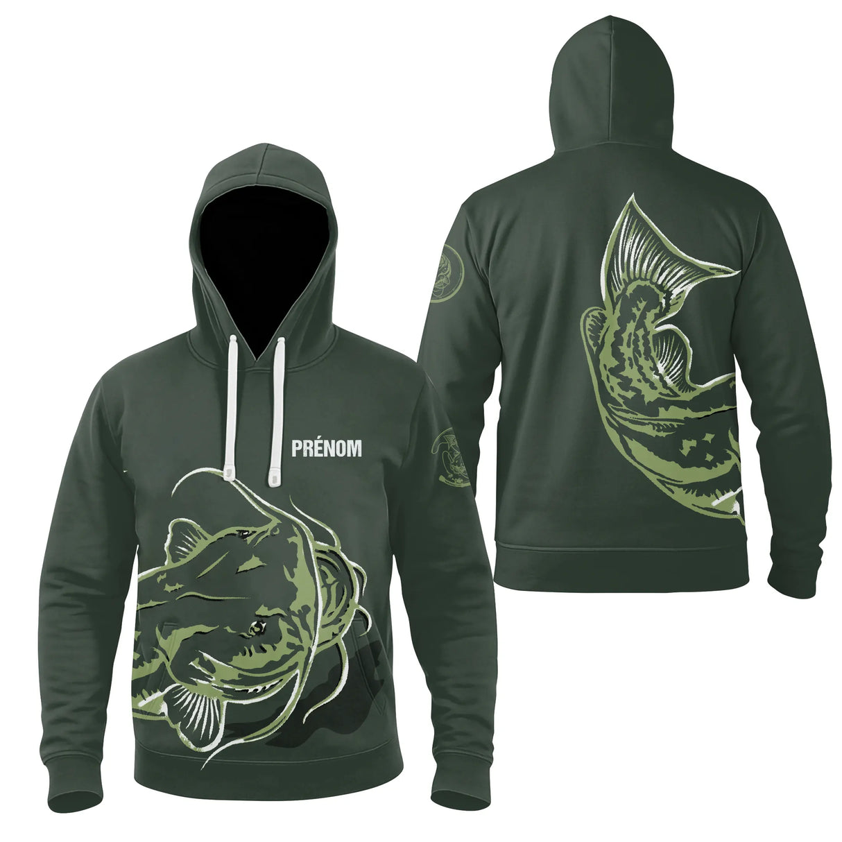 Sweat à capuche All-Over pêche silure vert kaki avec motif silure all-over et prénom personnalisable