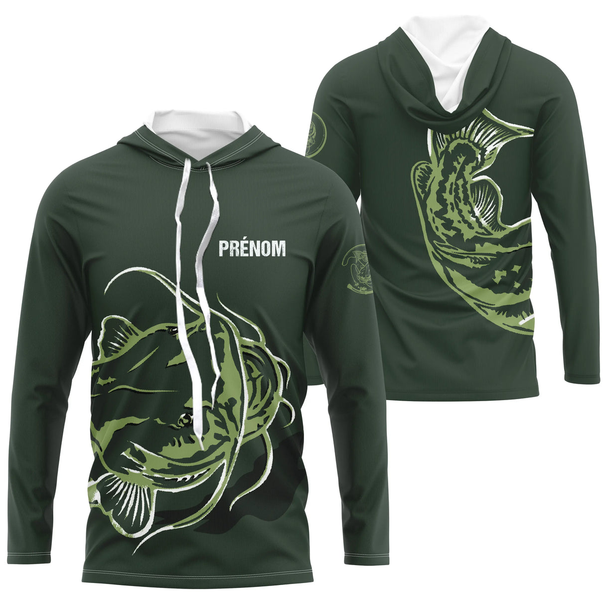 T-shirt anti-UV à capuche pêche silure vert kaki avec motif carnassier et marquage prénom personnalisé