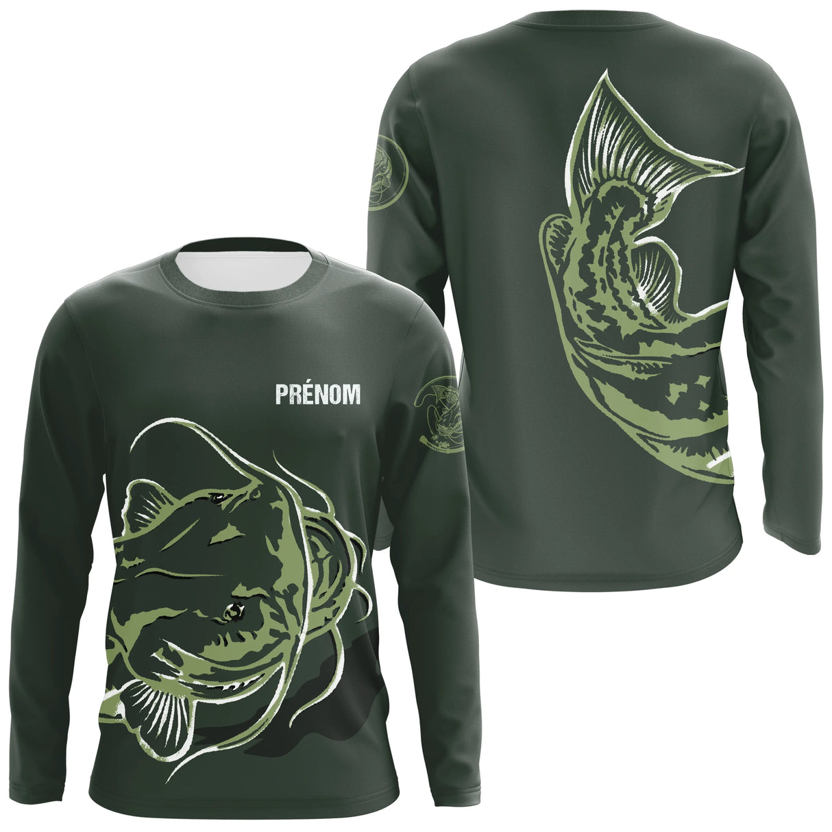 T-shirt manches longues anti-UV pêche silure vert kaki avec motif silure et prénom personnalisable