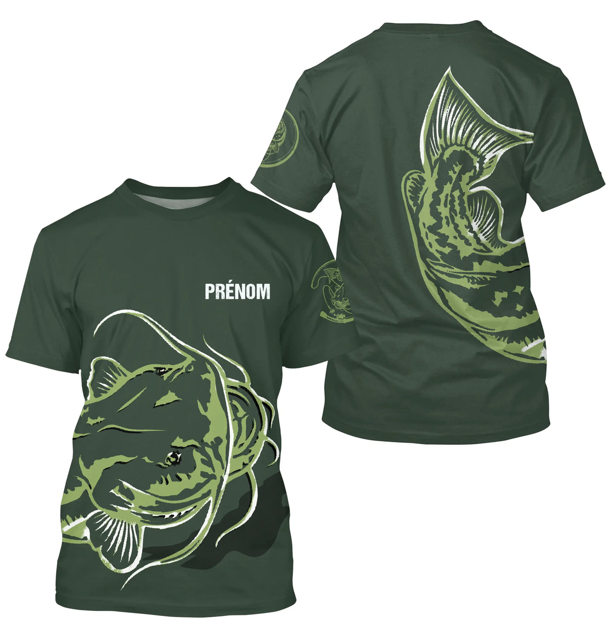 T-shirt pêche silure personnalisé col rond vert kaki avec motif silure stylisé vert clair et prénom