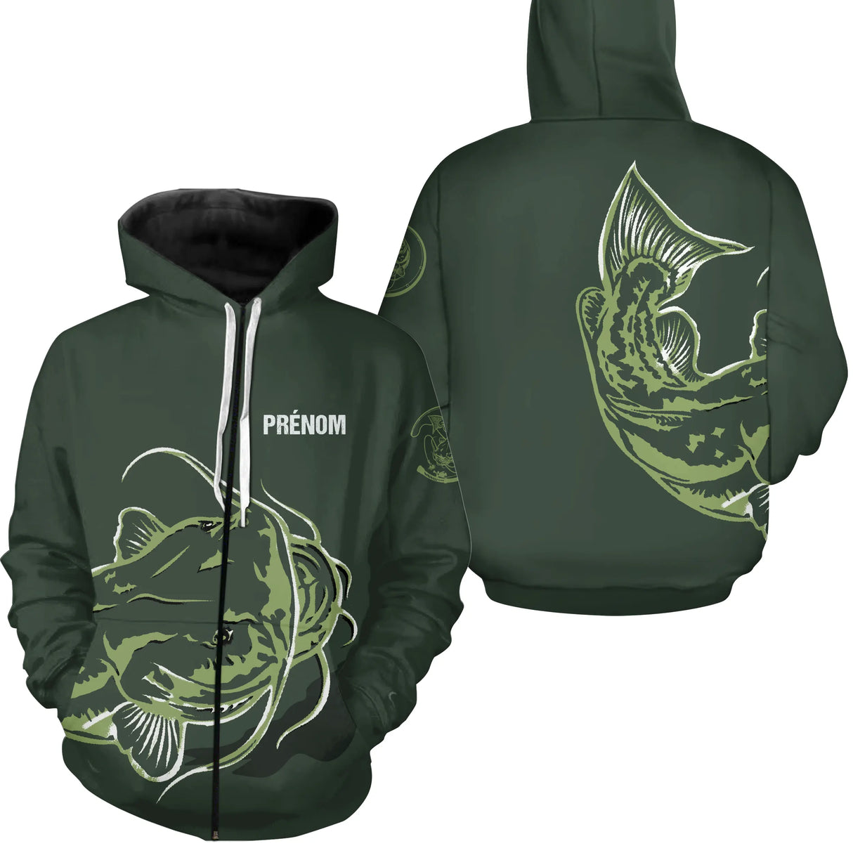 Sweat zippé All-Over pêche silure vert kaki avec motif silure stylisé et prénom personnalisable