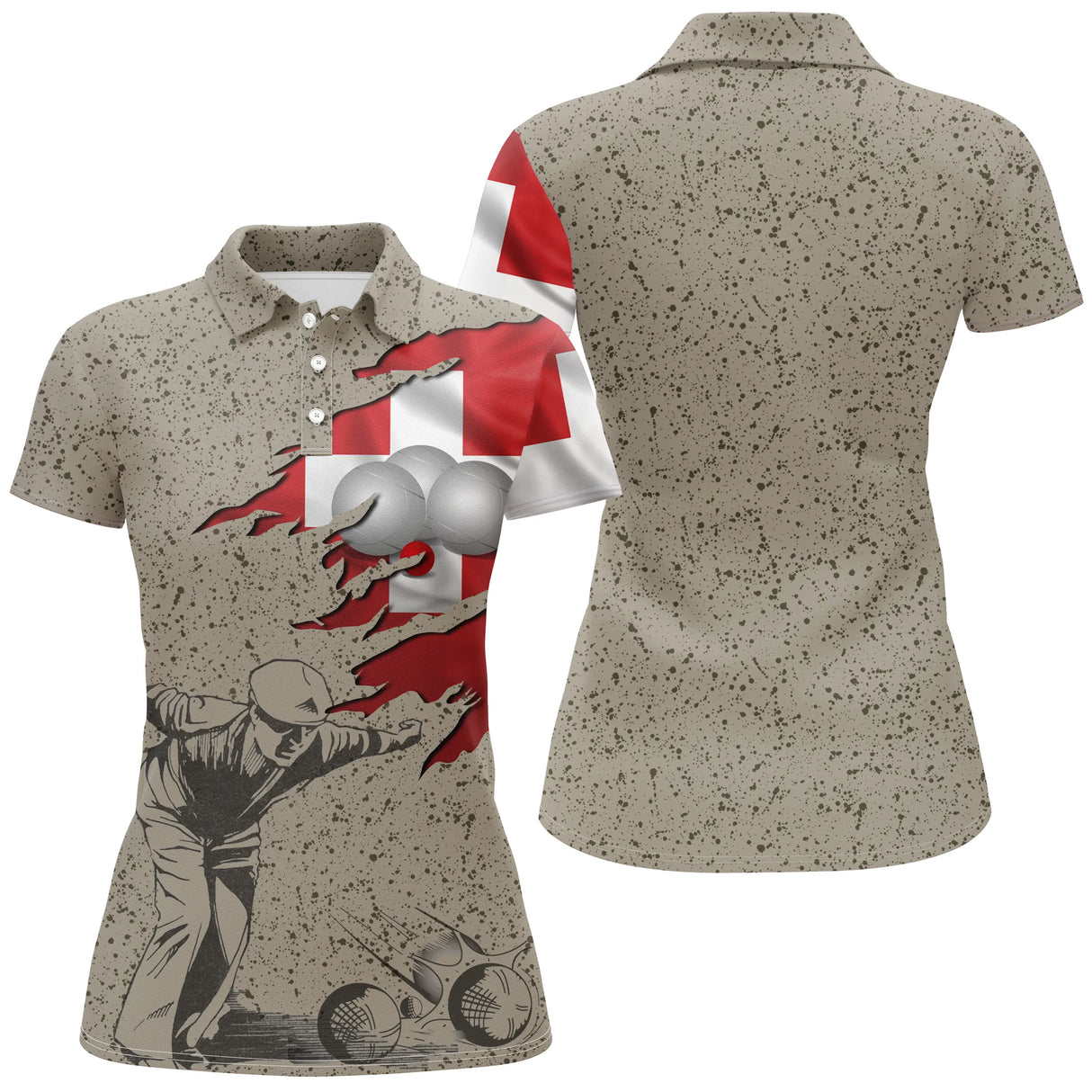 Polo pétanque Suisse femme beige sablé en coupe ajustée avec drapeau helvétique et marquage prénom