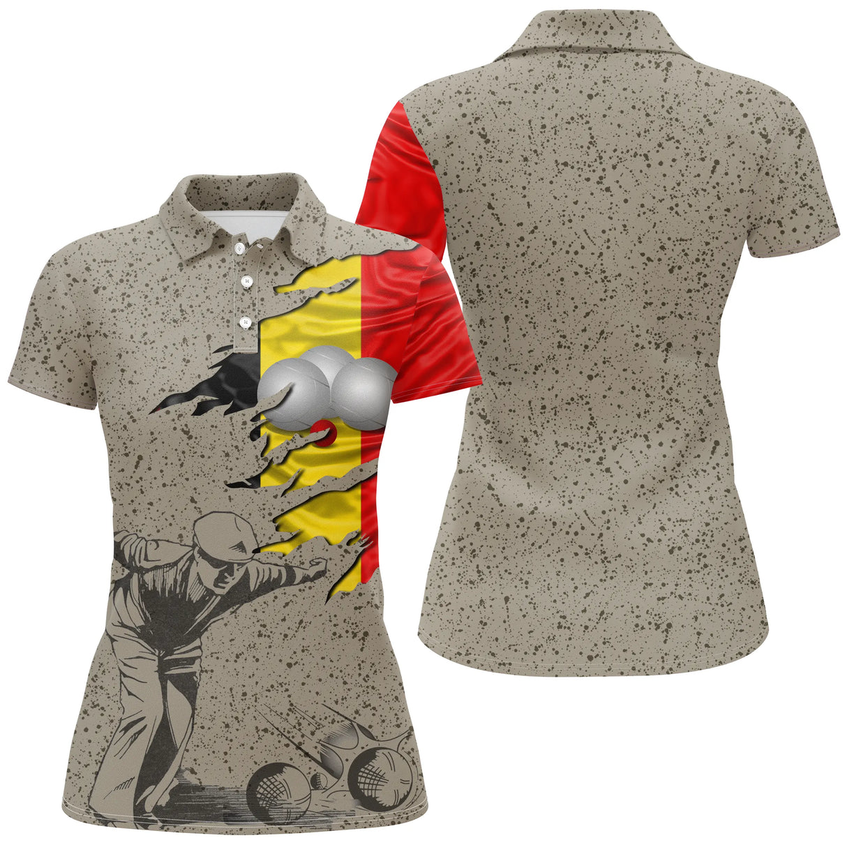 Polo pétanque Belgique femme beige sablé en coupe ajustée avec drapeau belge intégré et marquage prénom
