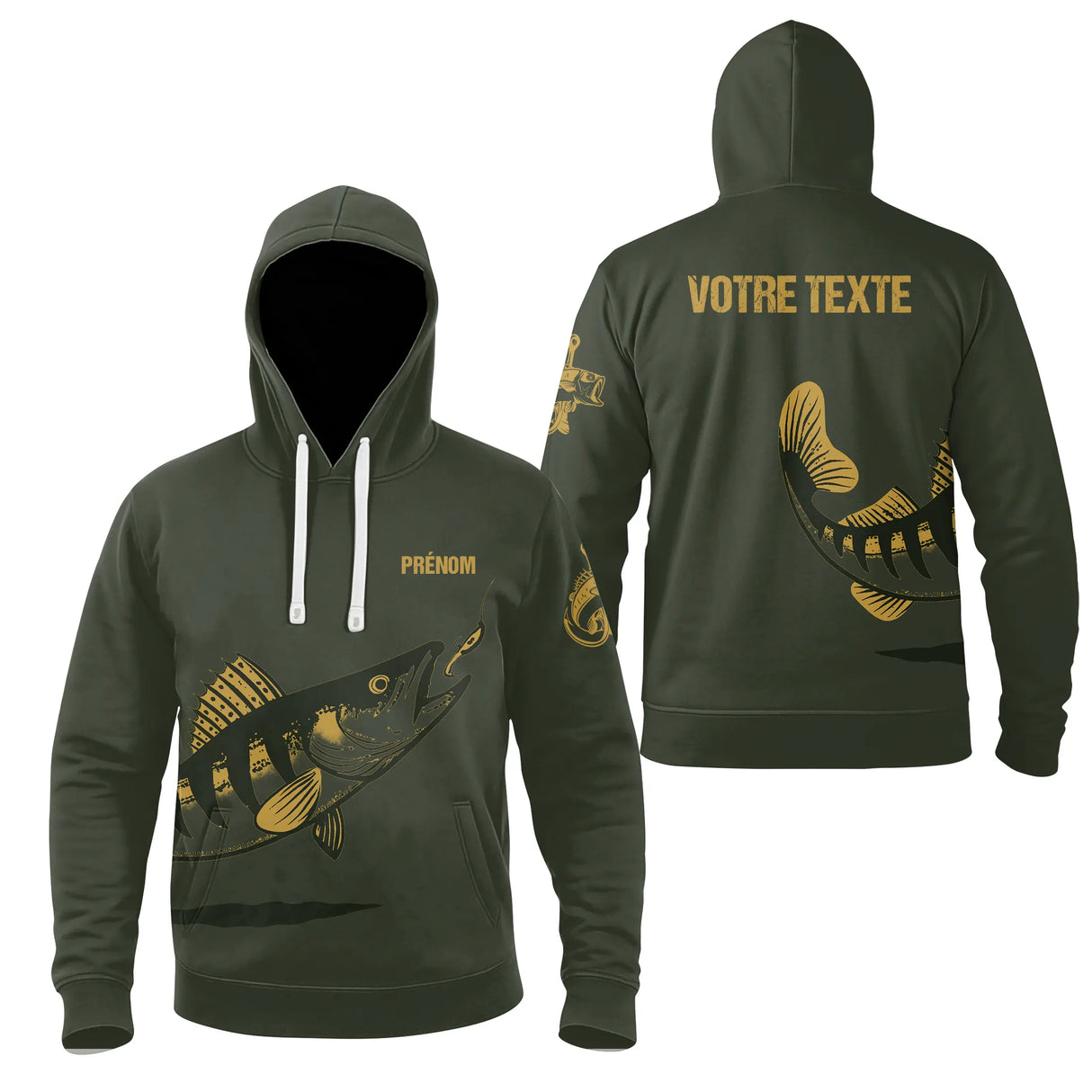 Sweat à capuche poches zippées pêche sandre vert kaki avec motif sandre all-over et marquage prénom