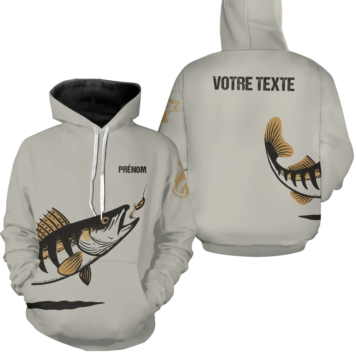 Sweat à capuche poche kangourou pêche sandre blanc avec motif sandre stylisé et prénom personnalisable