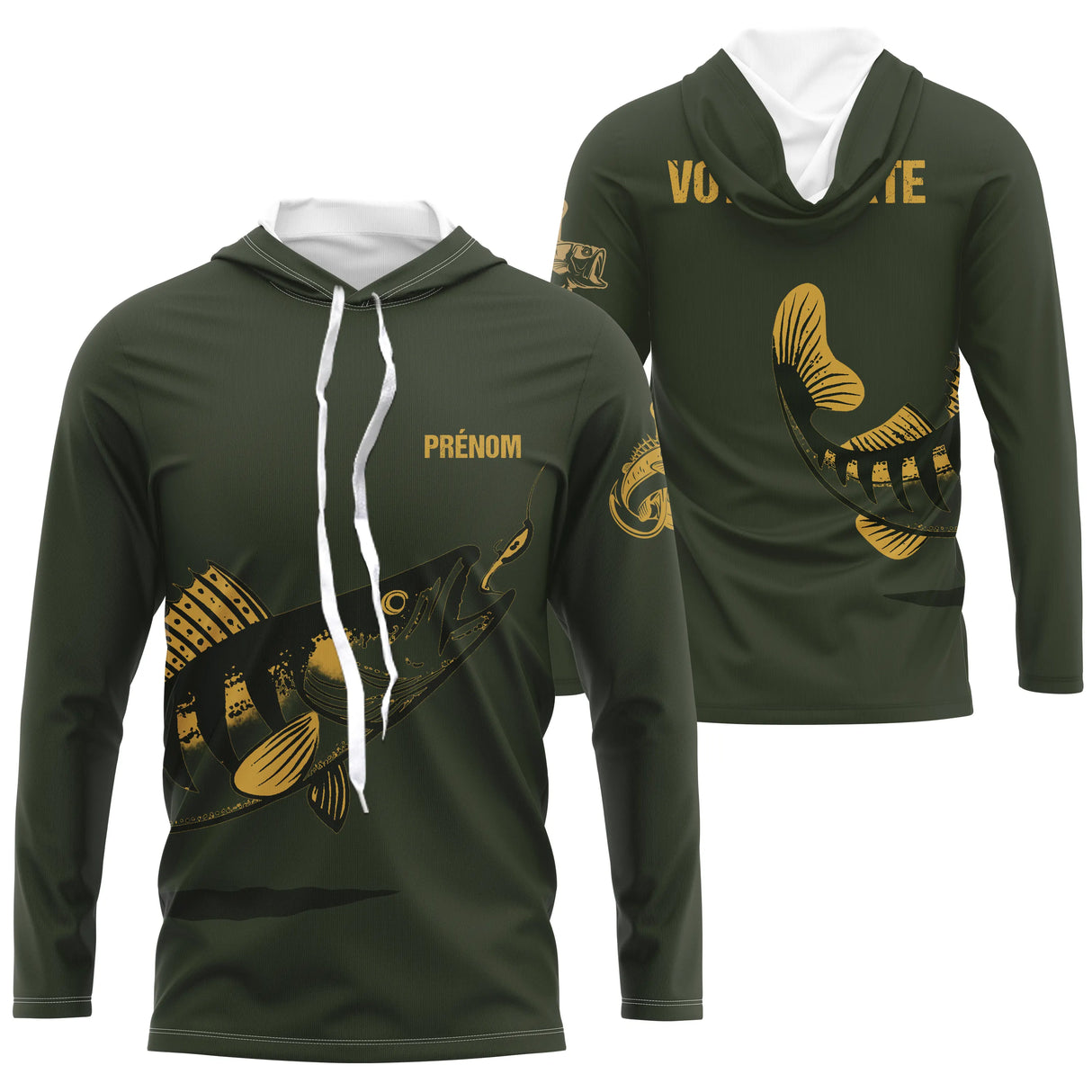 T-shirt anti-UV à capuche pêche sandre vert kaki avec motif sandre brun-noir et prénom au choix