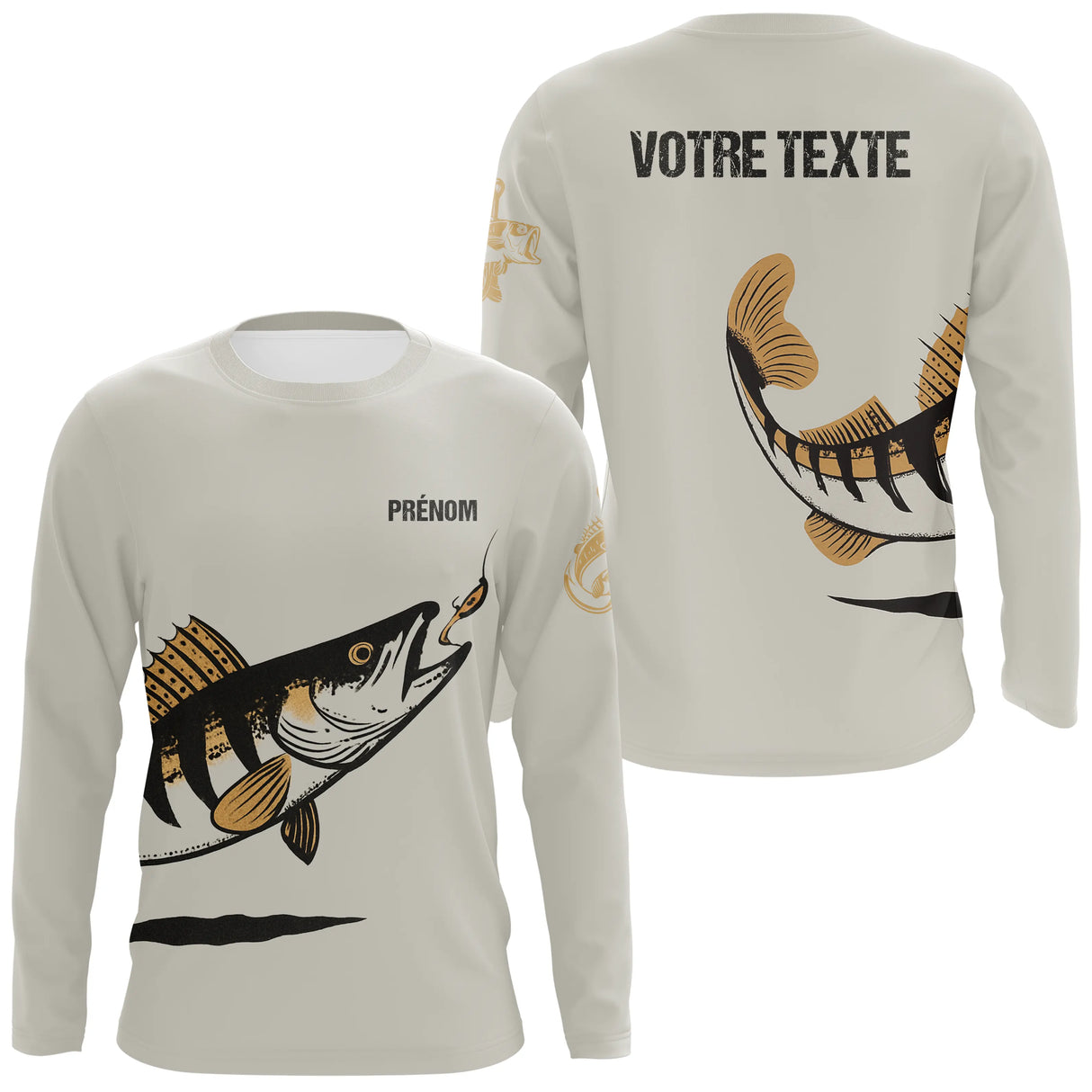 T-shirt manches longues pêche sandre blanc avec motif sandre brun-noir, prénom et texte personnalisable au dos