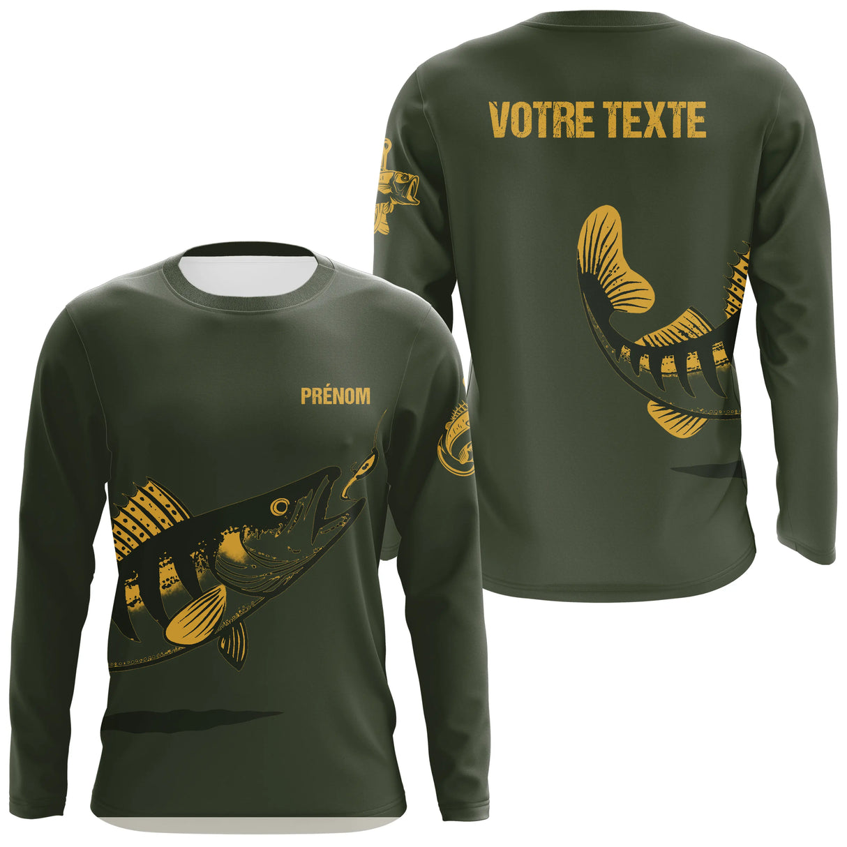 T-shirt manches longues pêche sandre vert kaki avec motif sandre carnassier et prénom personnalisable